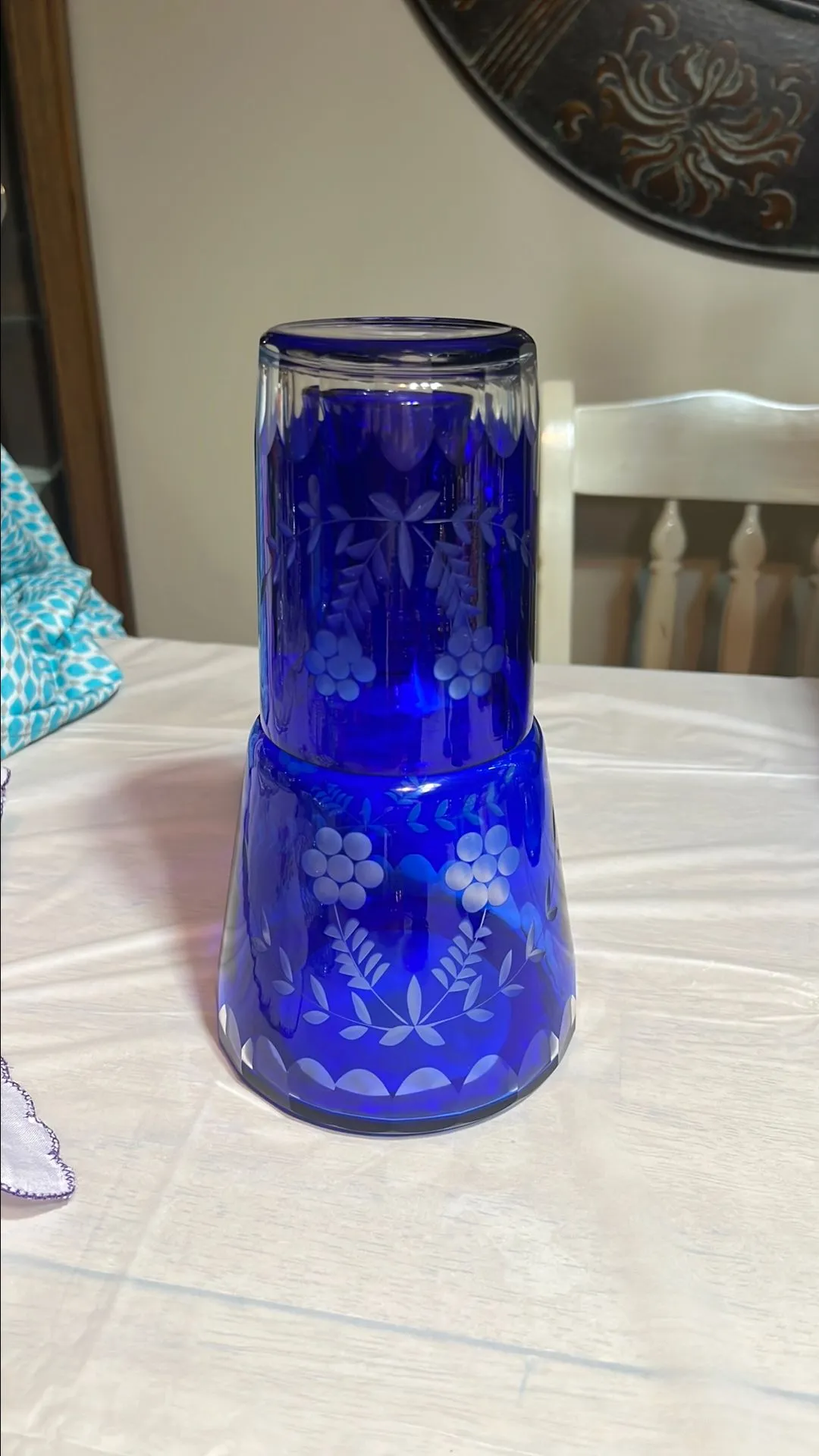 Product image for Vintage Bohemian Cobalt Blue Etched Glass Tumble Up Carafe Set