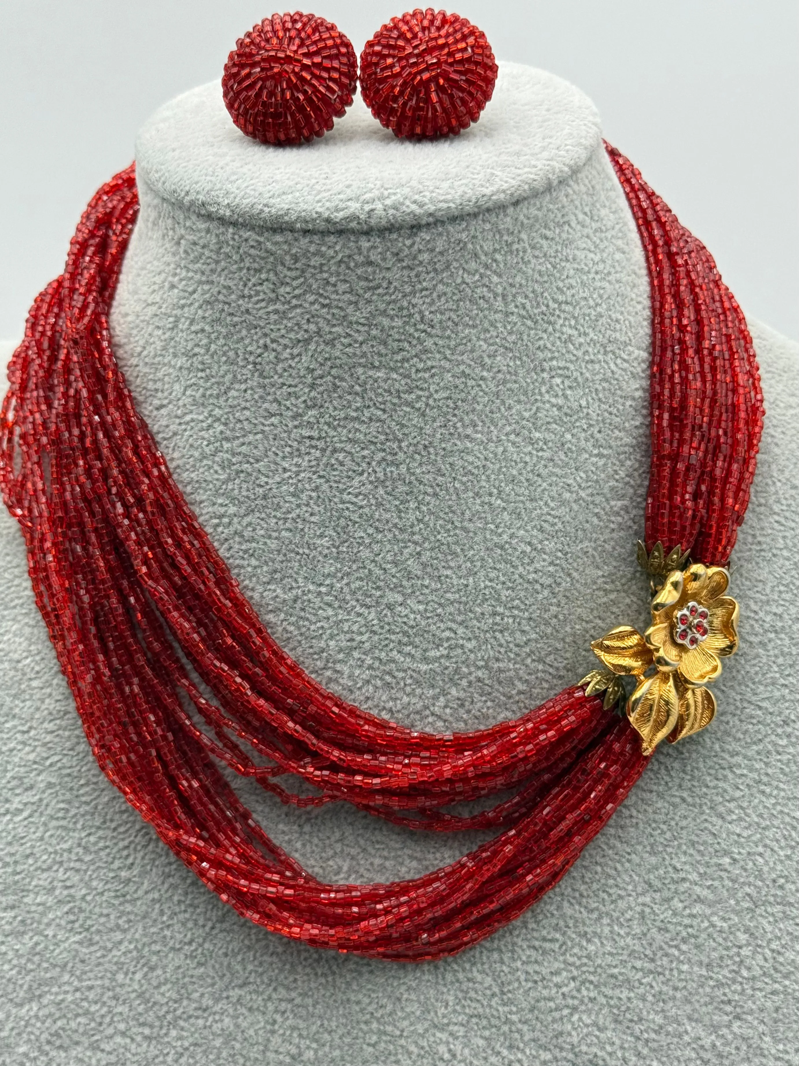 Product image for Demi-Parure Czech Glass Necklace & Clip-On Earrings Red w/Gold Tone