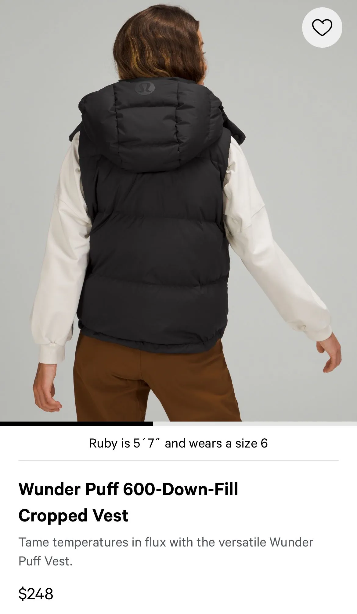 Product image for Wunder Puff 600-Down-Fill Cropped Vest $248 MSRP