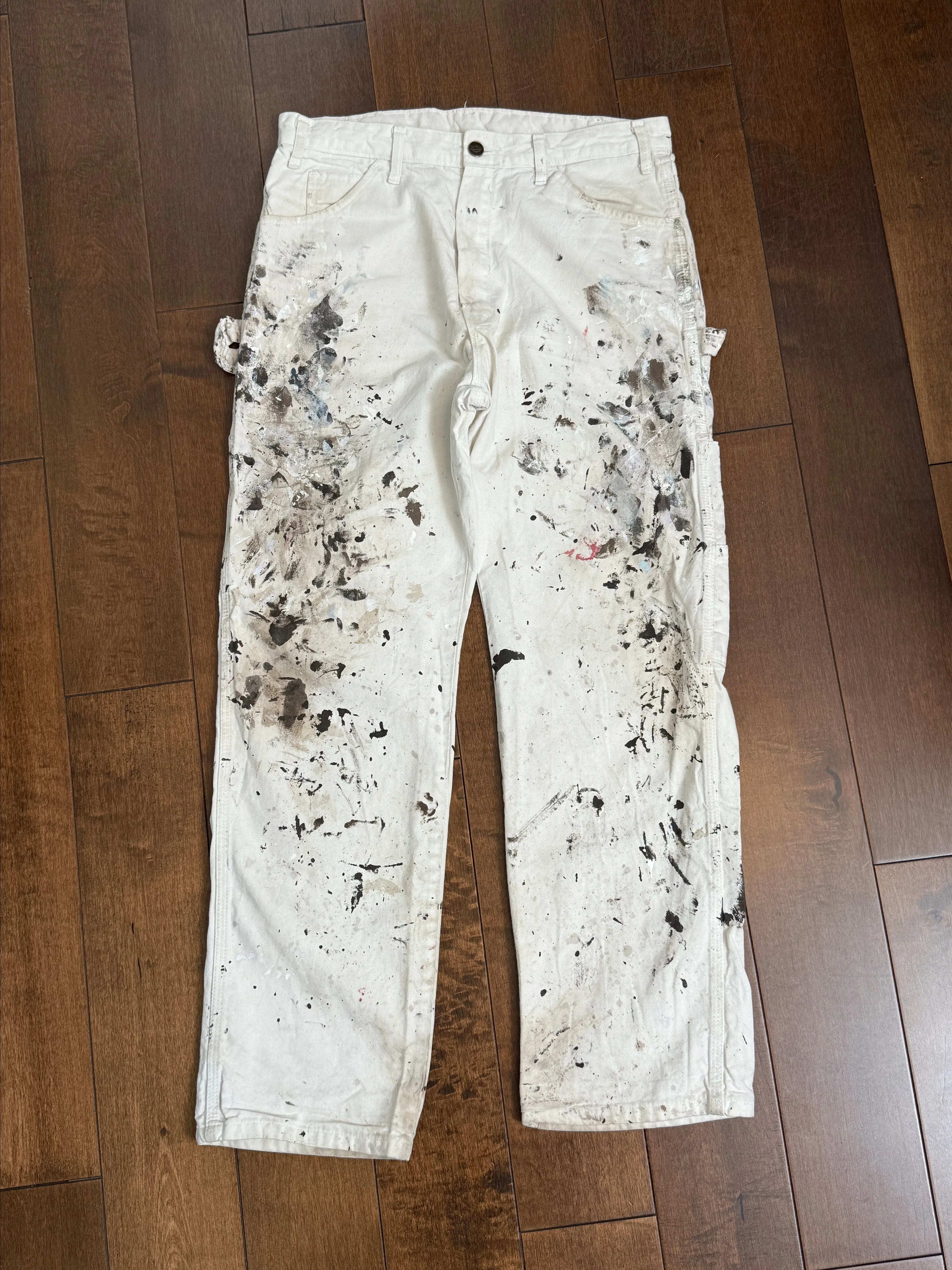 Product image for 34x30 - 2000s, Dickies Beautiful Paint Splatter Carpenter Pants (White)