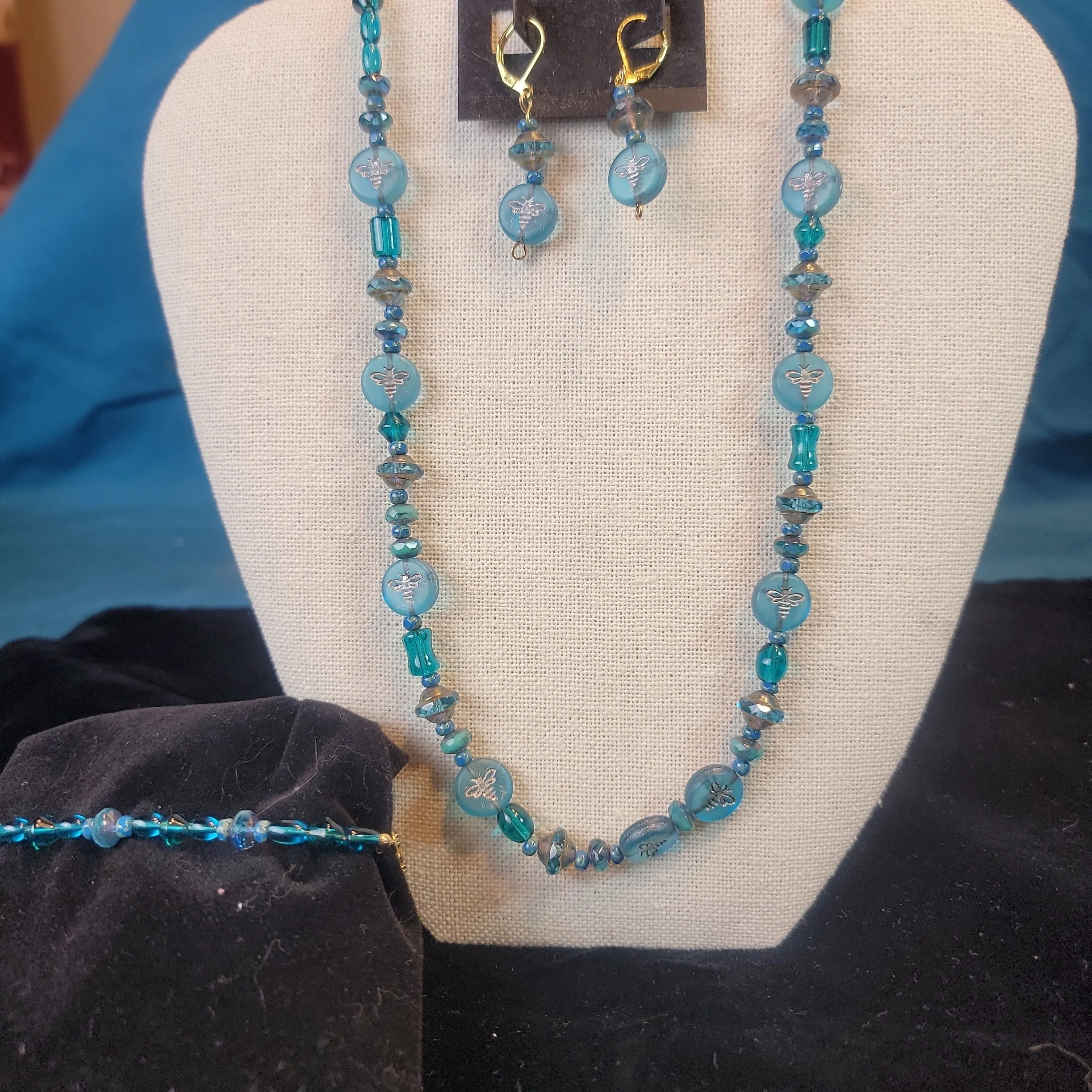 Product image for #9. Aqua  and gold bees jewelry set,  necklace,  bracelet,  earrings