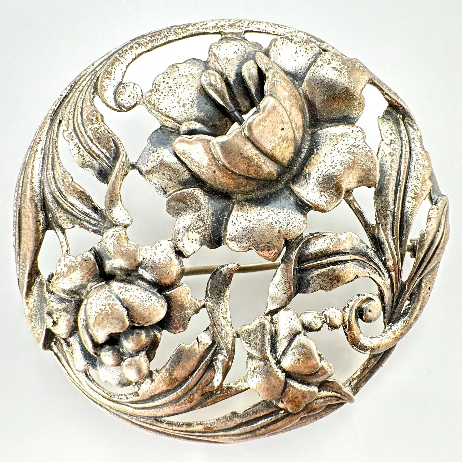 Product image for Art Nouveau Signed 'Danecraft Reg U.S. Pat. Off' Sterling Silver Floral Brooch 2"x2.5"  YYX0045
