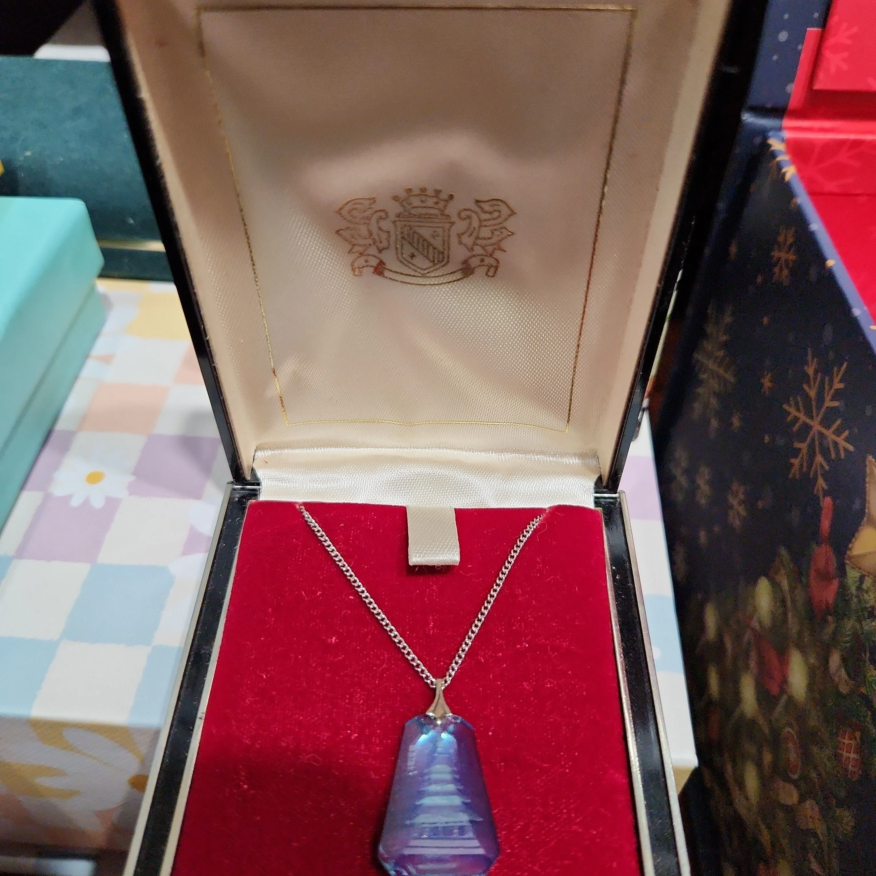 Product image for Vintage Sterling Aqua Blue Glass Reverse Carved Intaglio Asian Pagoda Necklace