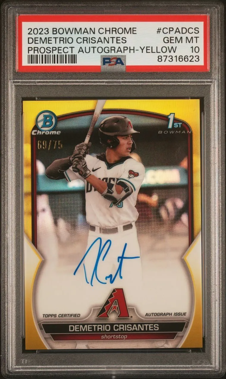 Product image for 💎 DEMETRIO CRISANTES 2023 BOWMAN CHROME 1ST YELLOW AUTO /75 GEM MINT PSA 10