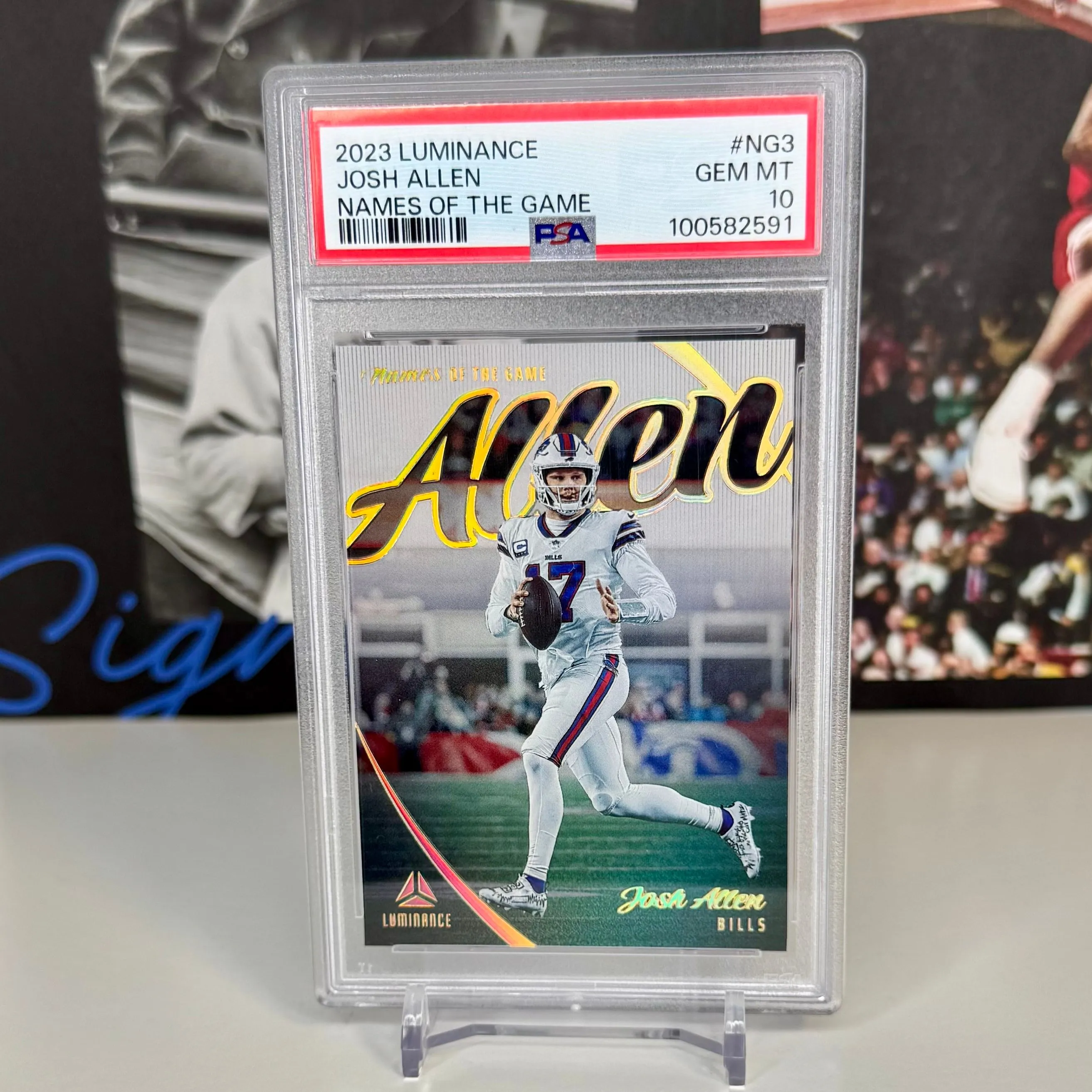 Product image for JOSH ALLEN 2023 Panini Luminance Names Of The Game #NG-3 CASE HIT PSA 10 Bills