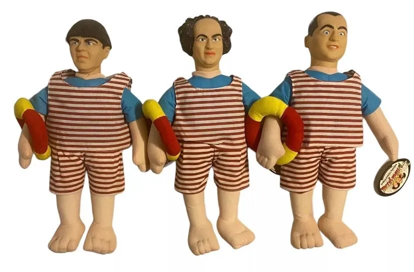 Product image for Three Stooges Lot Moe Larry Curly 15” Dolls In Swimming Suit Vintage Plush NWT