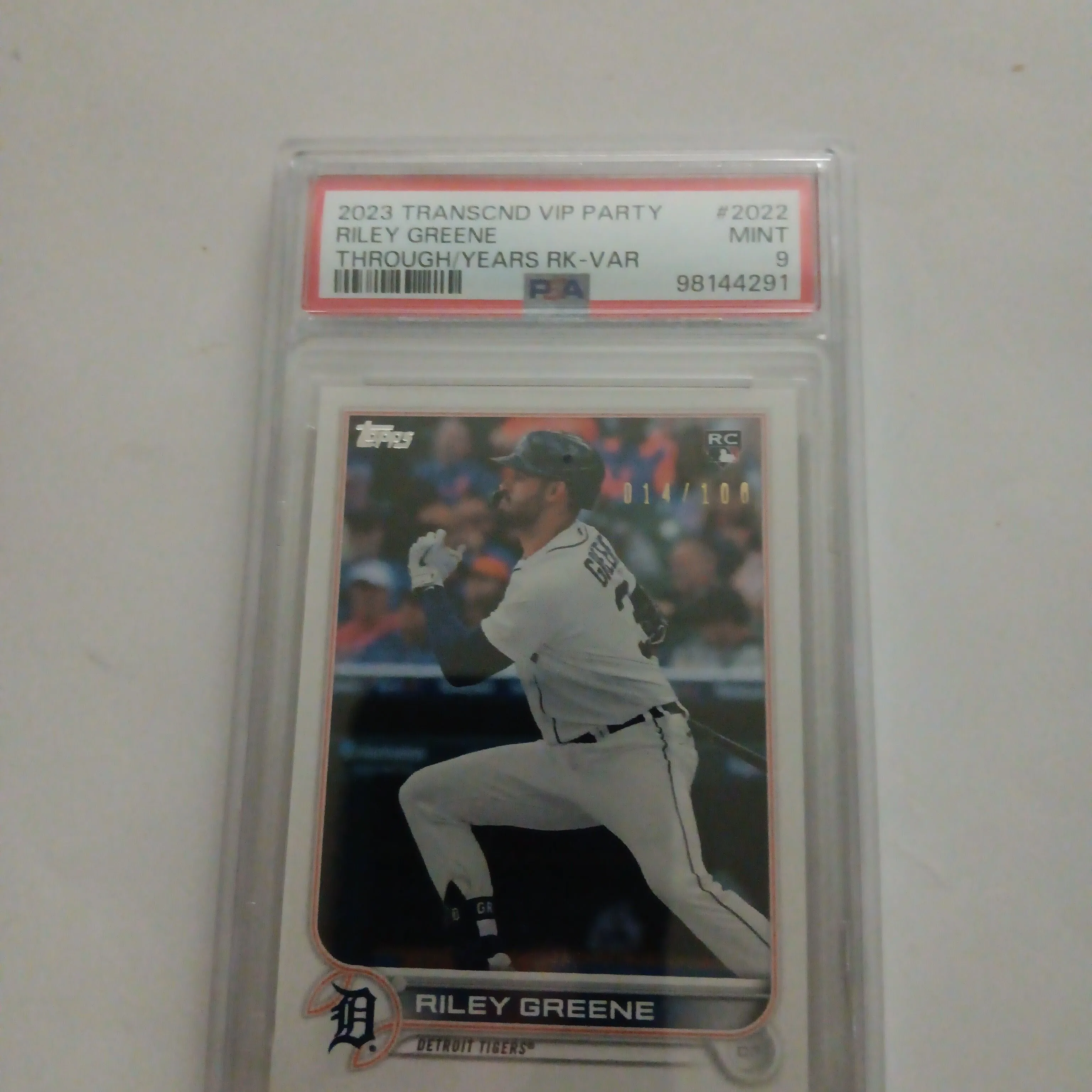 Product image for 2023 Topps Transcendent Vip Party Through The Years Reproduction 2023 Rookies Riley Greene 2022 Through/Years Rk-Var PSA MINT 9