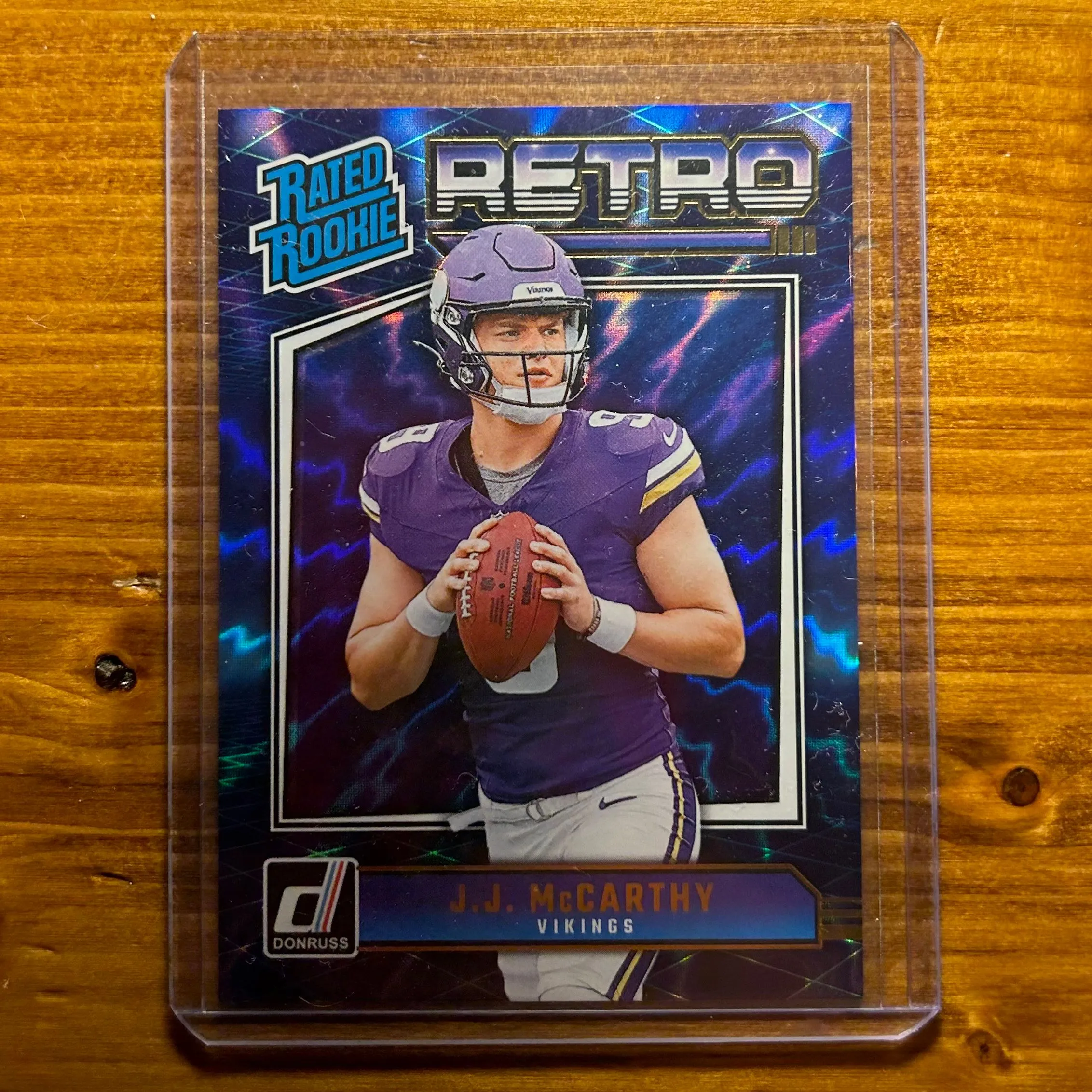 Product image for J.J. McCarthy - 2024 Panini Donruss Rated Rookie Retro Blue Shock #2 SP (RC) Minnesota Vikings