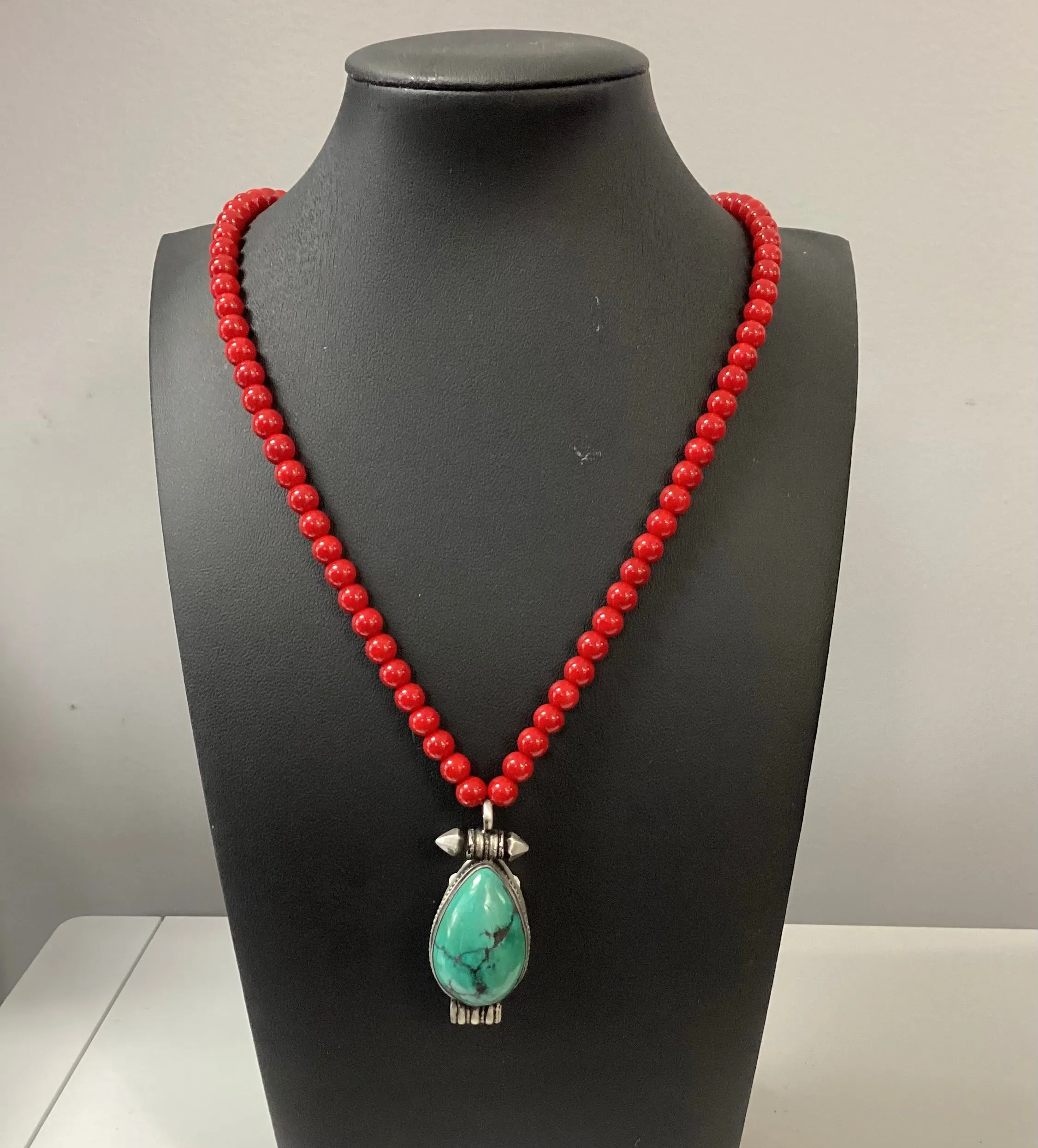 Product image for N1028 Sterling Silver Turquoise Pendant with 22" Coral Necklace