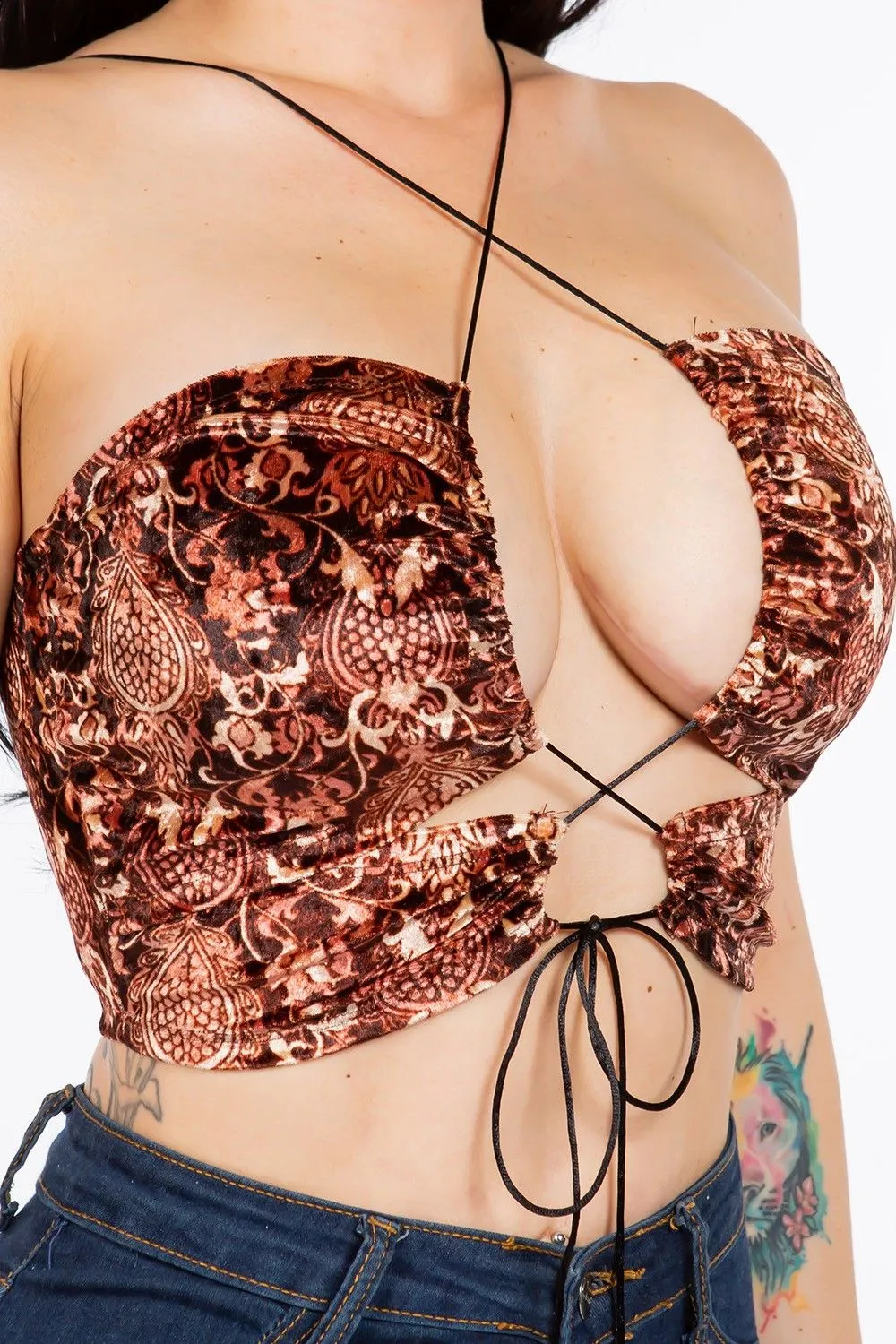 Product image for MEDIUM Paisley Printed Velvet Baroque Strappy Crop Top 