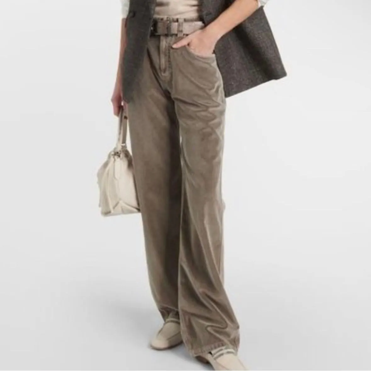 Product image for BRUNELLO CUCINELLI | NEW Velvet High Rise Loose Leg Sage Pants Women’s 8 & 12