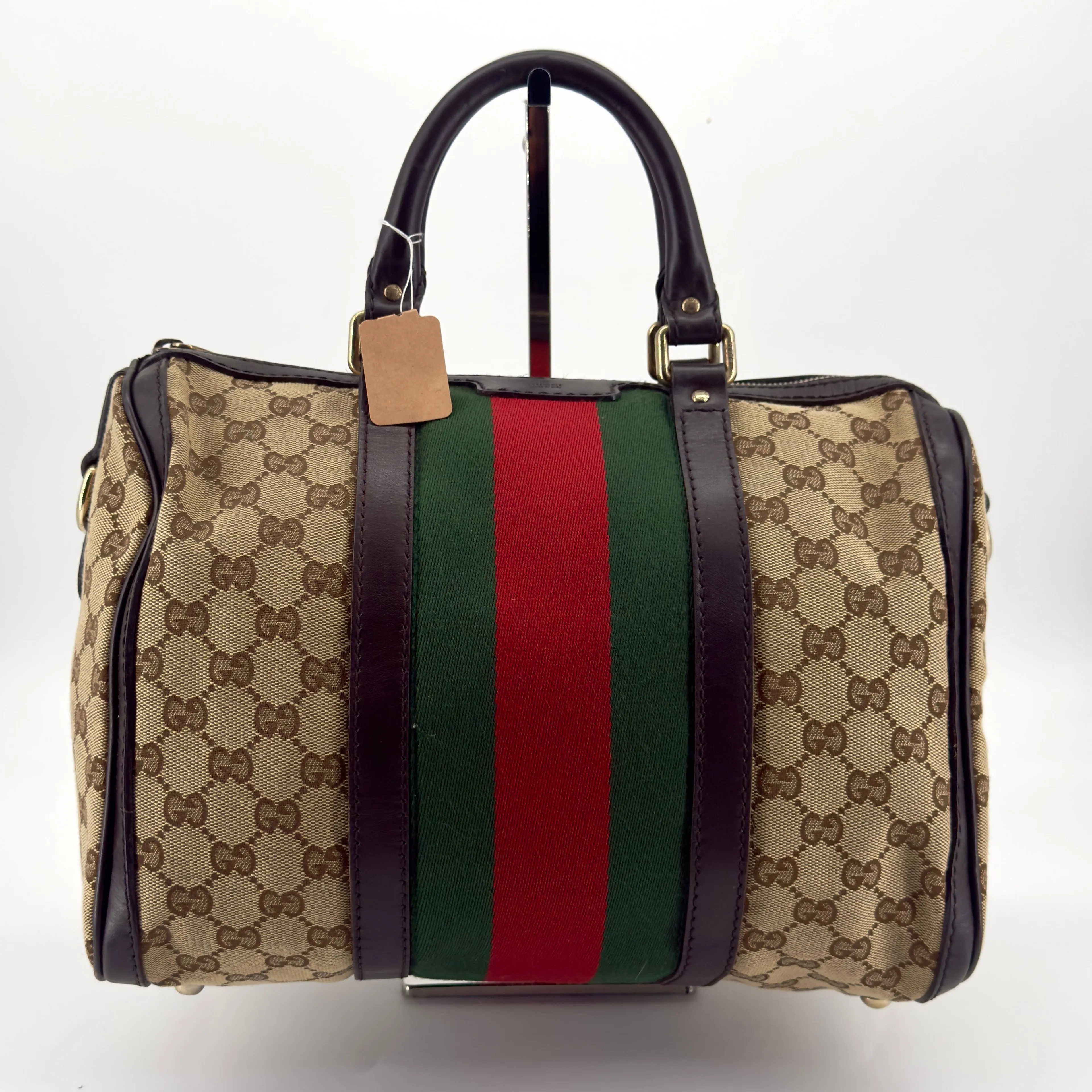 Product image for 1042 🟢🔴👜 Gucci Boston Bag – GG Supreme Canvas with Green & Red Web Stripe – Includes Strap