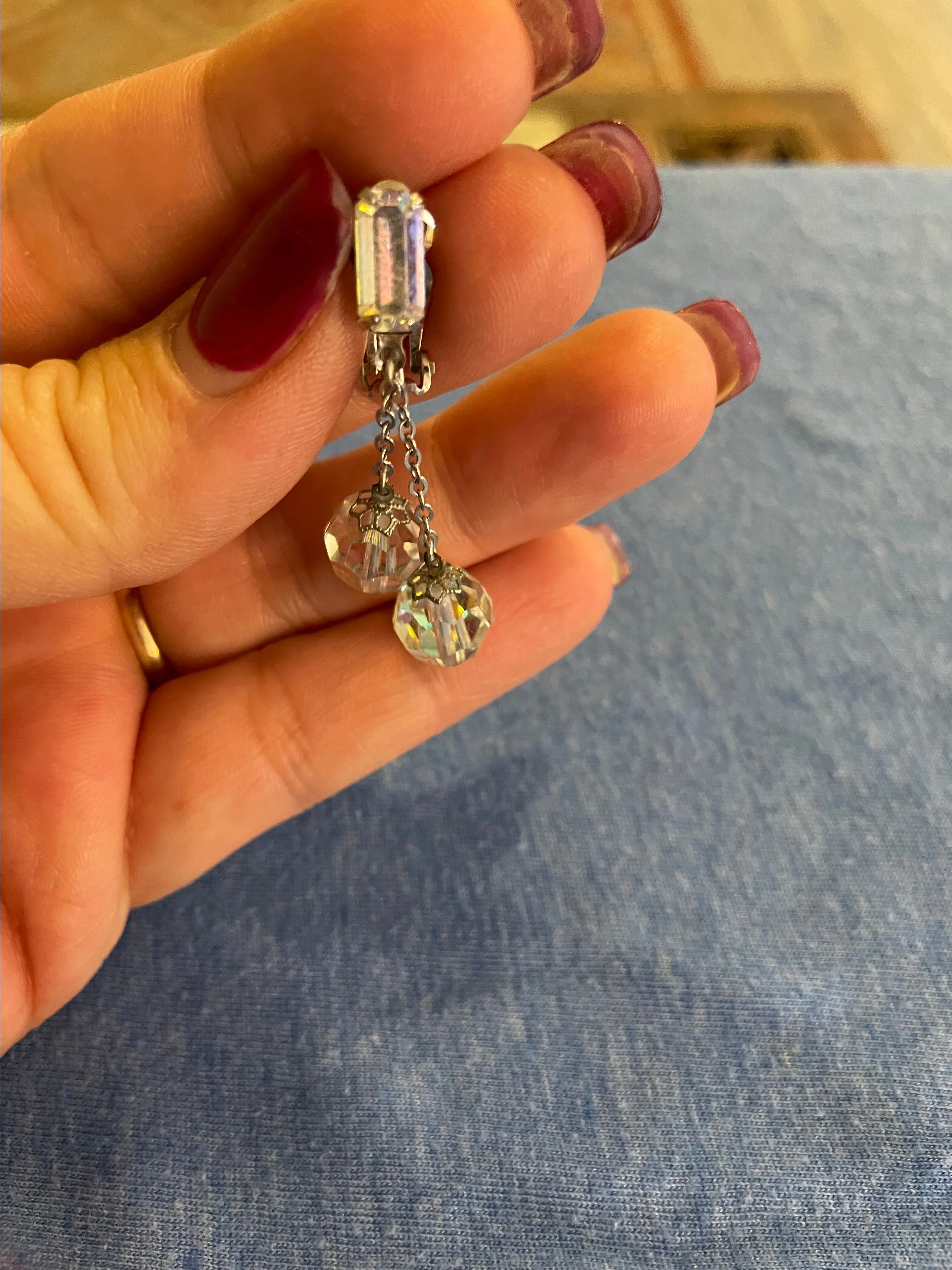 Product image for Vtg Aurora Borealis Crystal Round Bead Dangle Drop Clip On Earrings 50's Estate MSRP $14