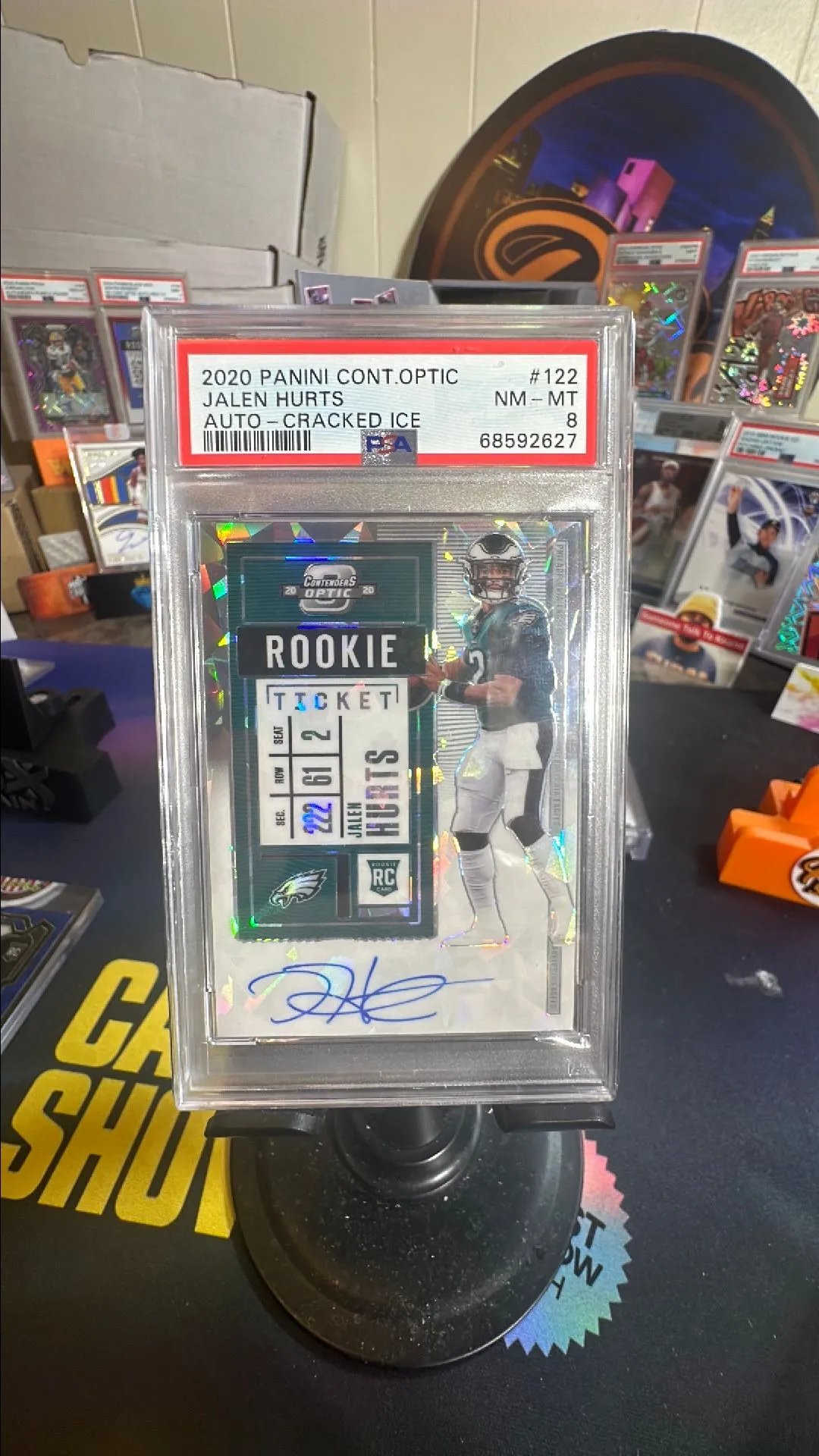 Product image for 2020 Panini Contenders Optic Jalen Hurts 122 Autograph-Cracked Ice PSA NM-MT 8
