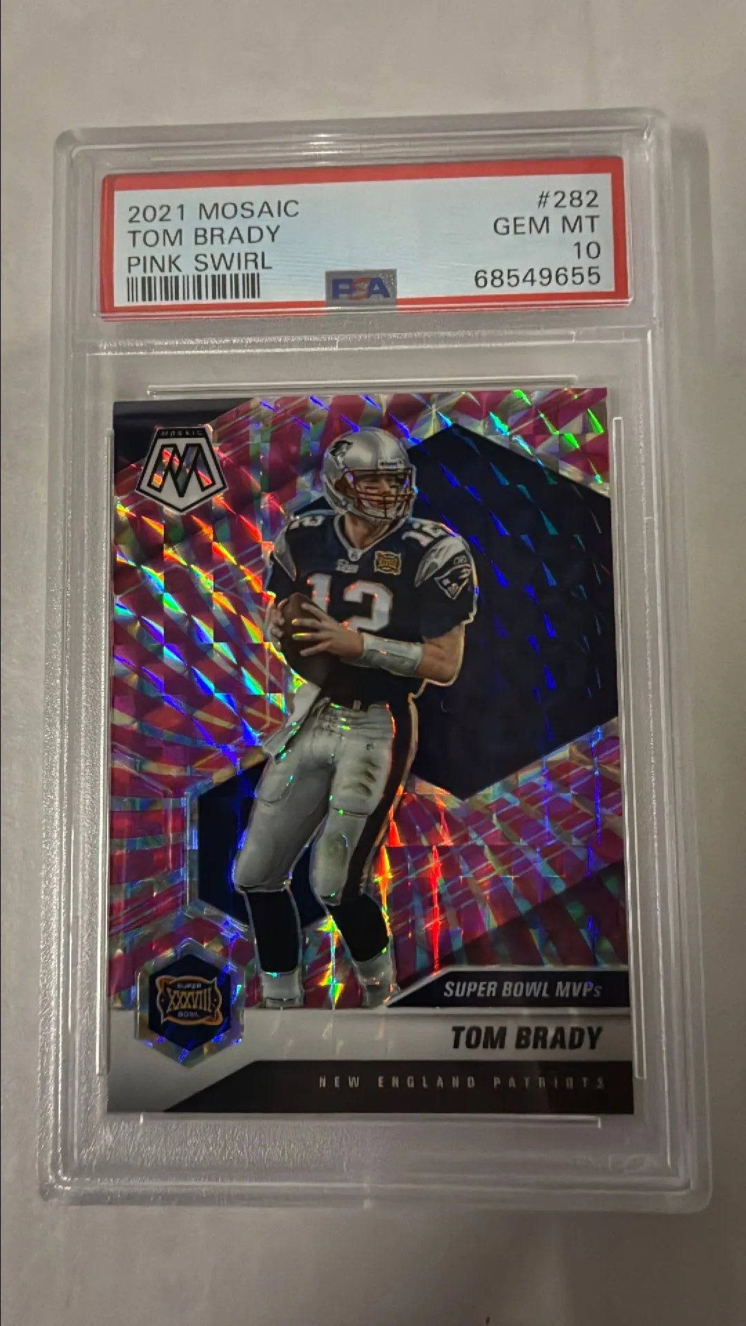 Product image for 2021 Panini Mosaic Tom Brady 282 Pink Swirl PSA GEM MT 10
