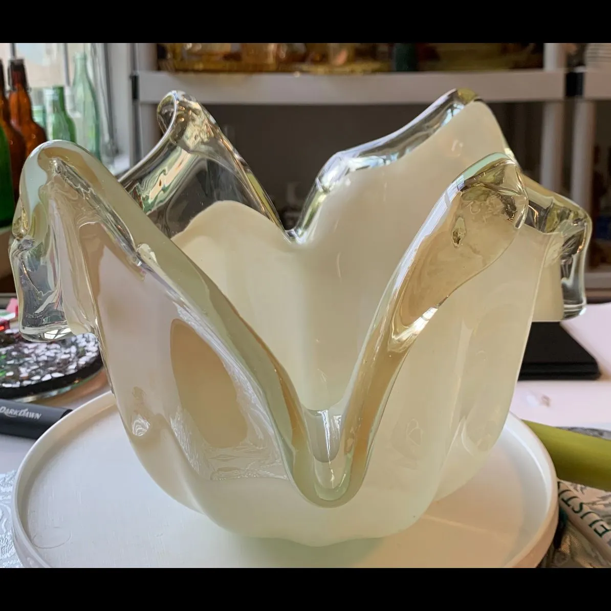 Product image for 1204 Beautiful Murano Art glass 7.5”T 9.5w Cream with edge bowl Vase