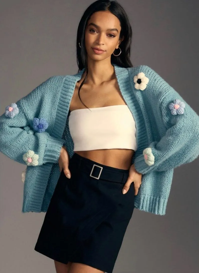 Product image for Anthropologie Duchamp Embroidered Chucky 3D Daisy Floral Knit Cardigan Sweater
