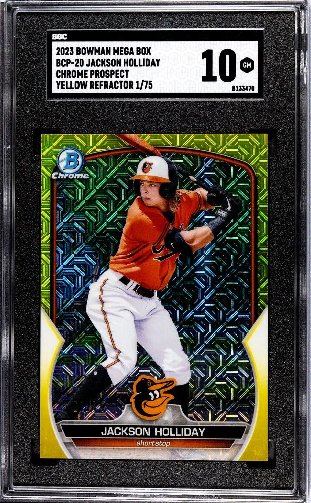 Product image for 2023 Bowman Mega Box Jackson Holliday SGC Chr. Pros. Yellow Ref. /75