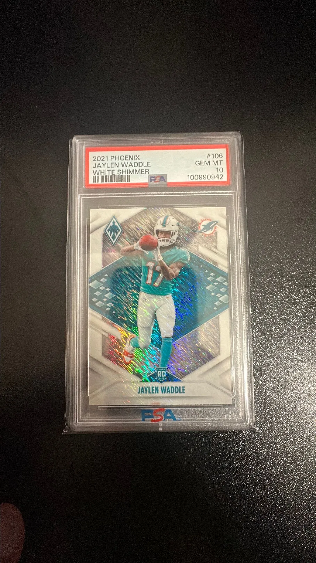 Product image for 2021 Phoenix Jaylen Waddle White Shimmer PSA 10 Dolphins