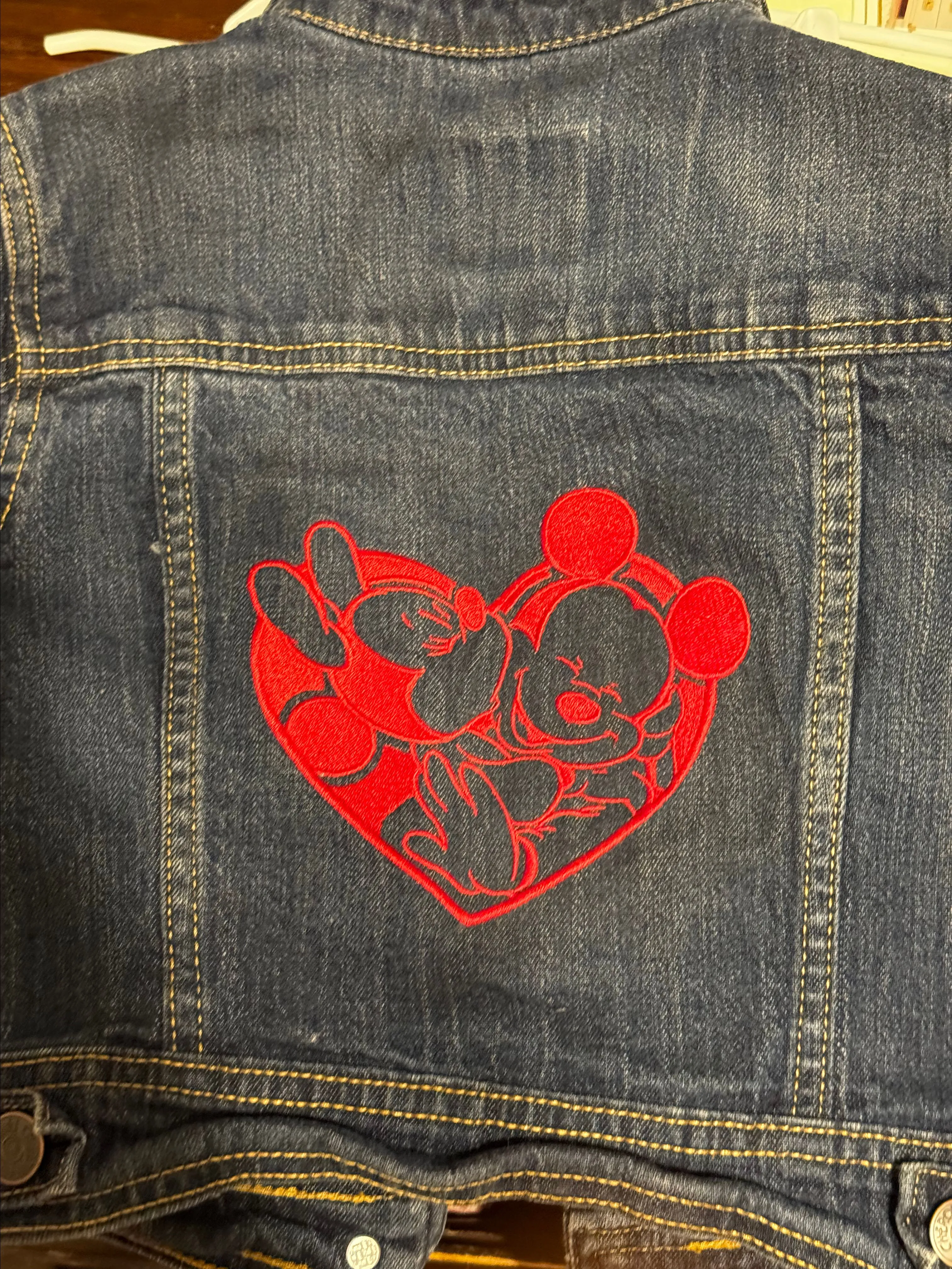 Product image for Denim jacket sz kids 4-6 embroidered on the back Minnie & Mickey in a heart.