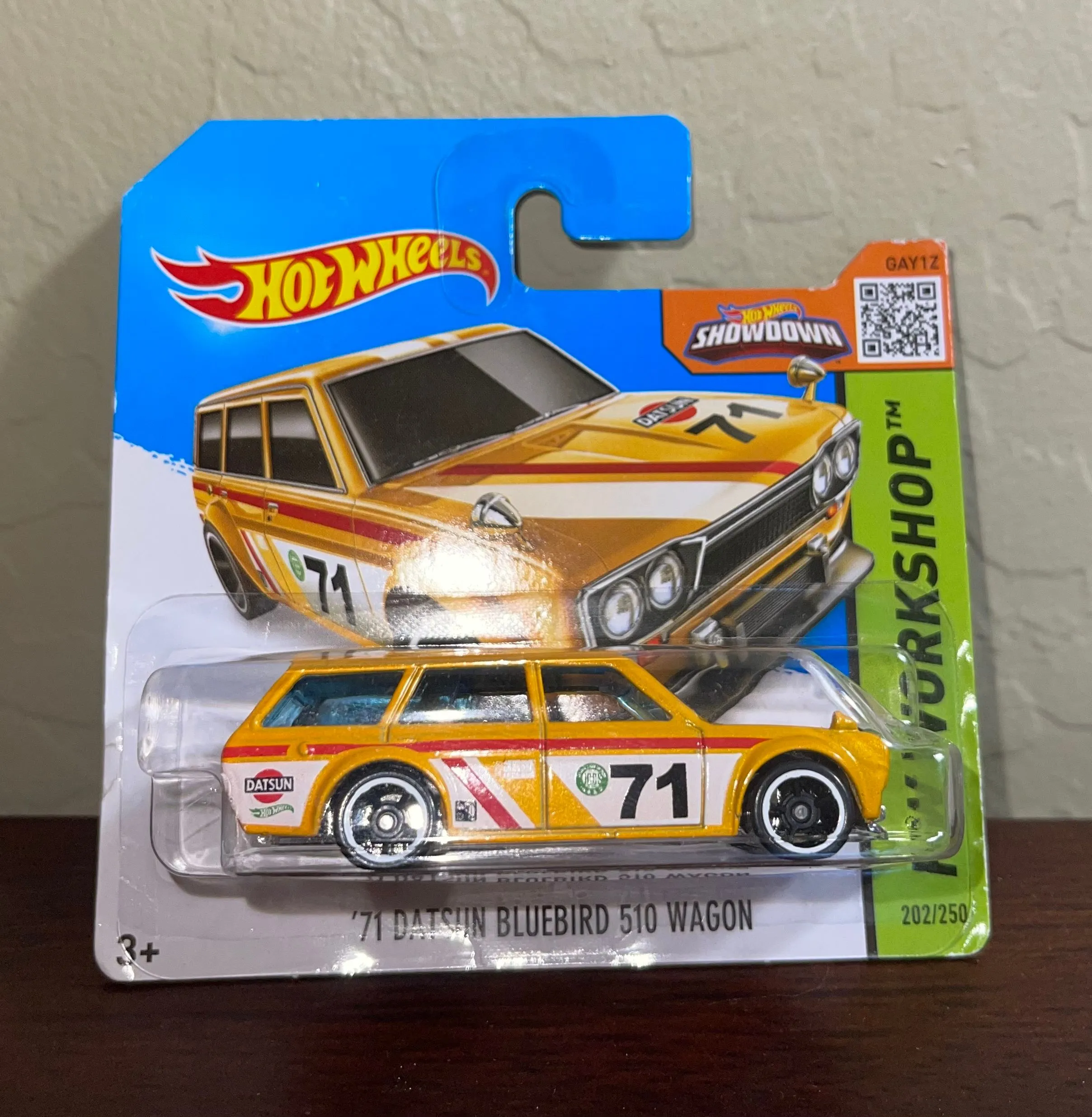 Product image for 2015 HOT WHEELS SHORT CARD '71 DATSUN BLUEBIRD 510 WAGON YELLOW HW WORKSHOP A3