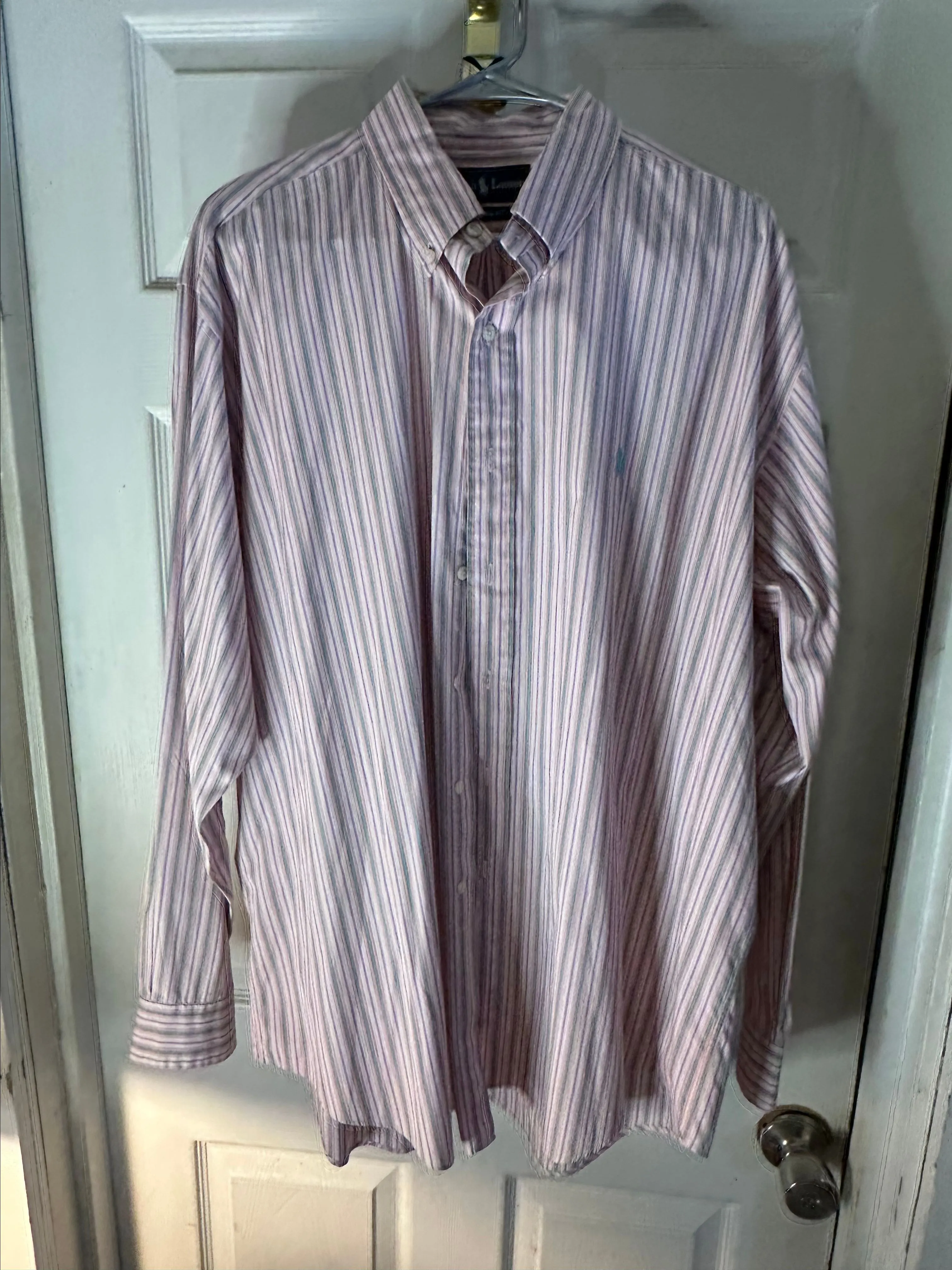 Product image for Ralph Lauren Mens Classic Fit Cotton LS Shirt Pink Navy Stripe 17 1/2  XL