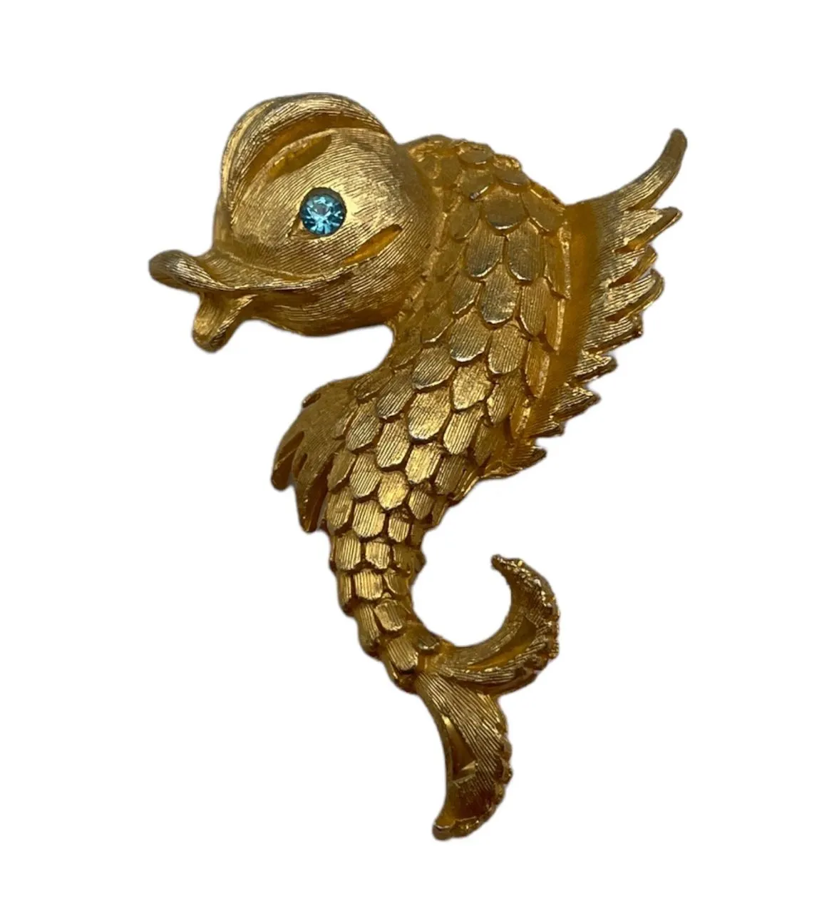 Product image for Vintage Fish Brooch Pin Aqua Rhinestone Eye Textured Gold Tone