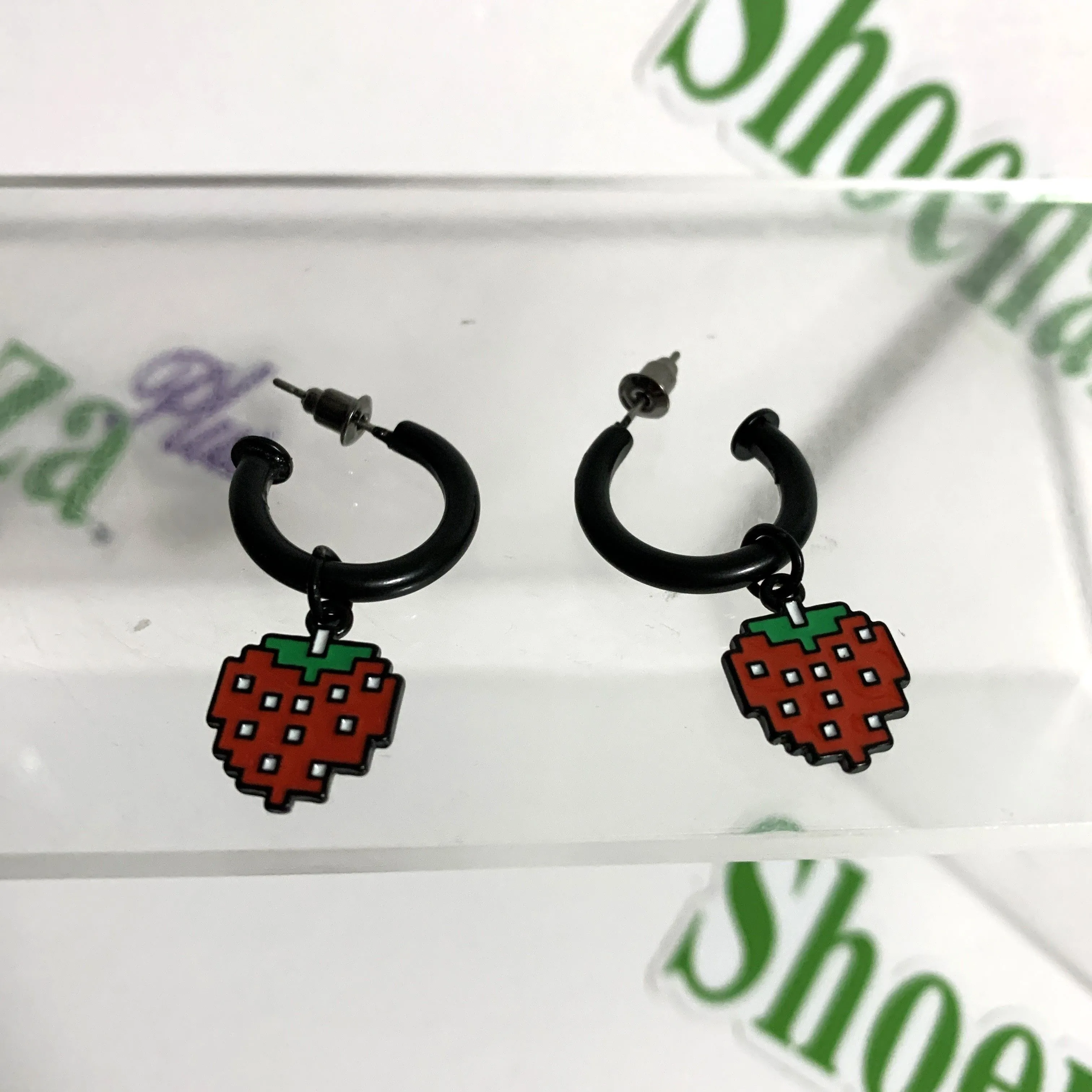 Product image for Bioworld Earrings Pac-Man Huggie Dangle 8-Bit Pixel Strawberries Jewelry Namco