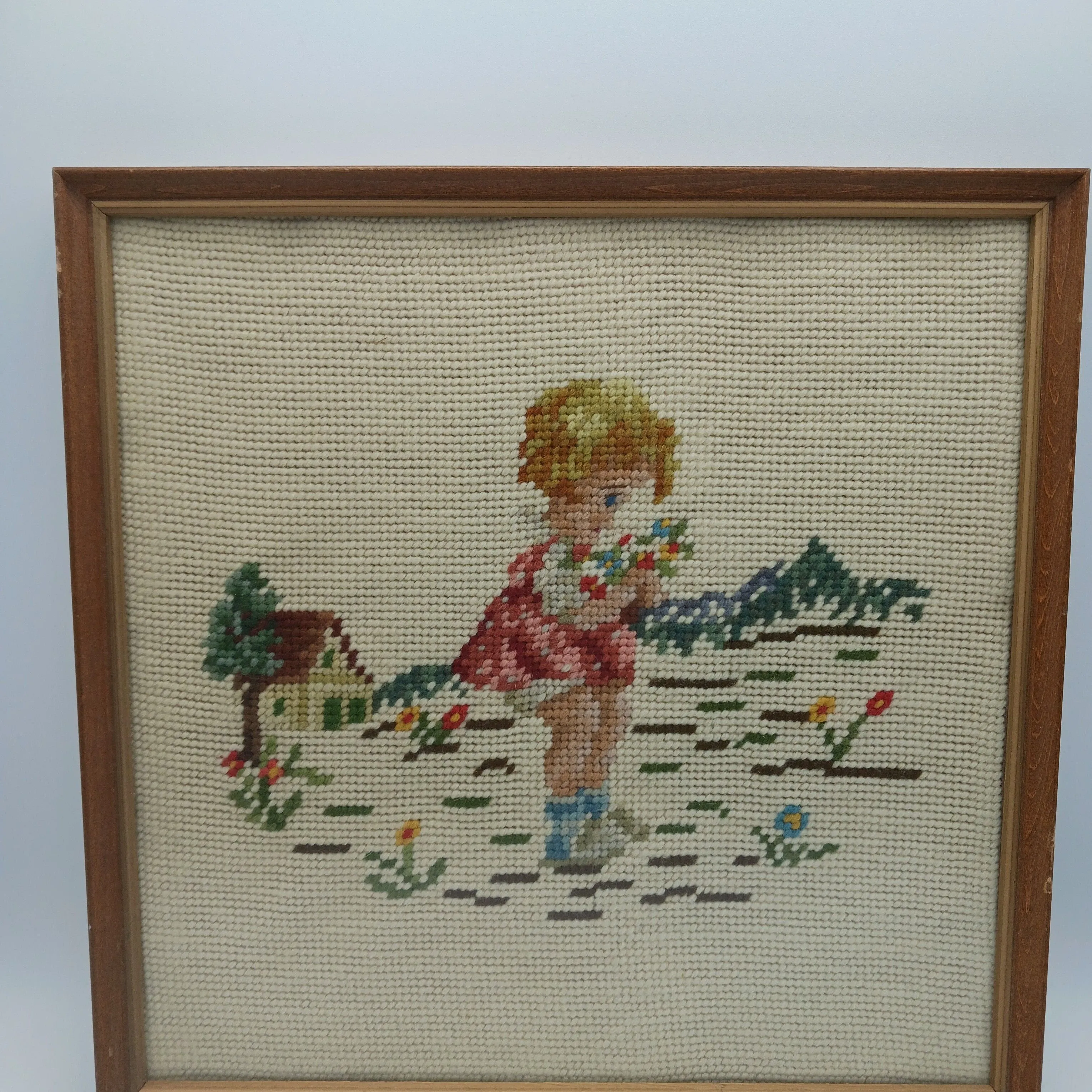 Product image for Vintage little girl picking flowers needlepoint 12x12 