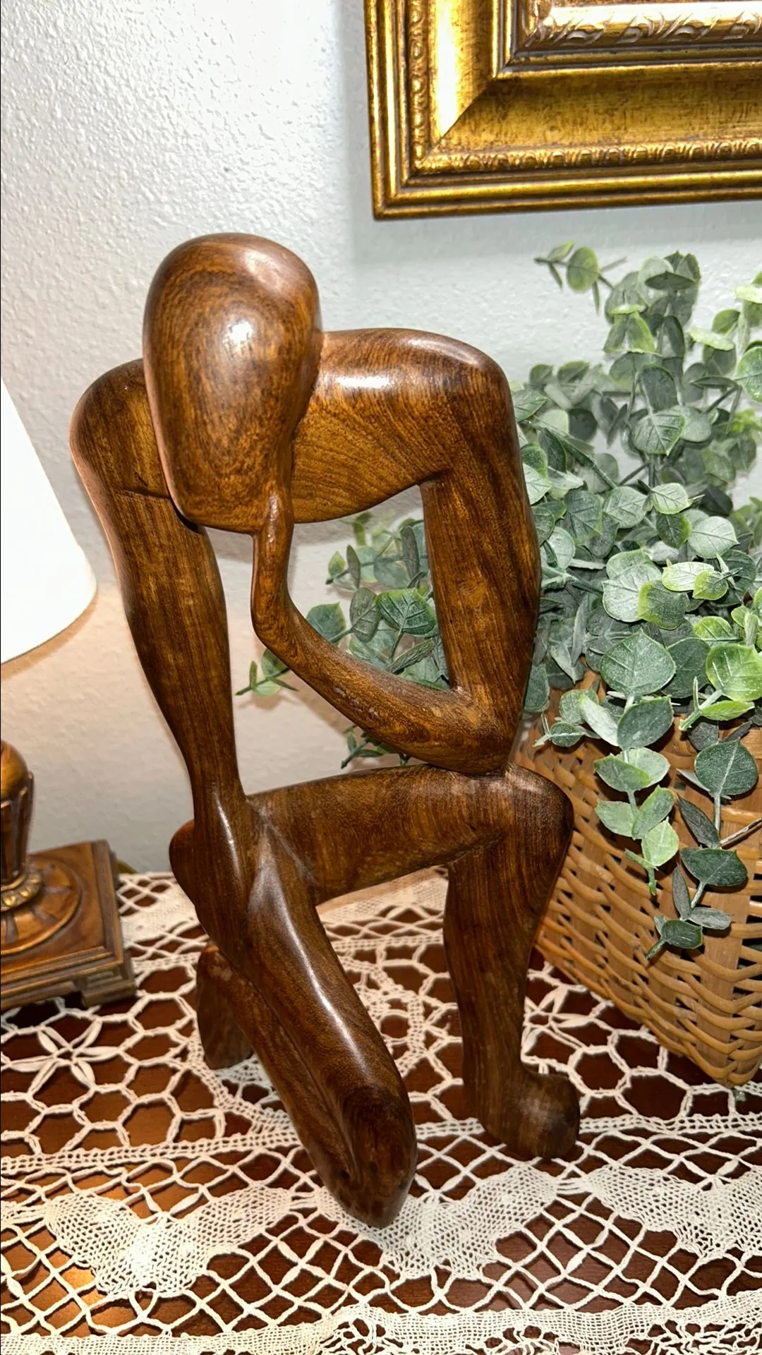 Product image for 712 13" Wooden Abstract Sculpture Hand Carved Thinking Statue Wood Figurine Thinker