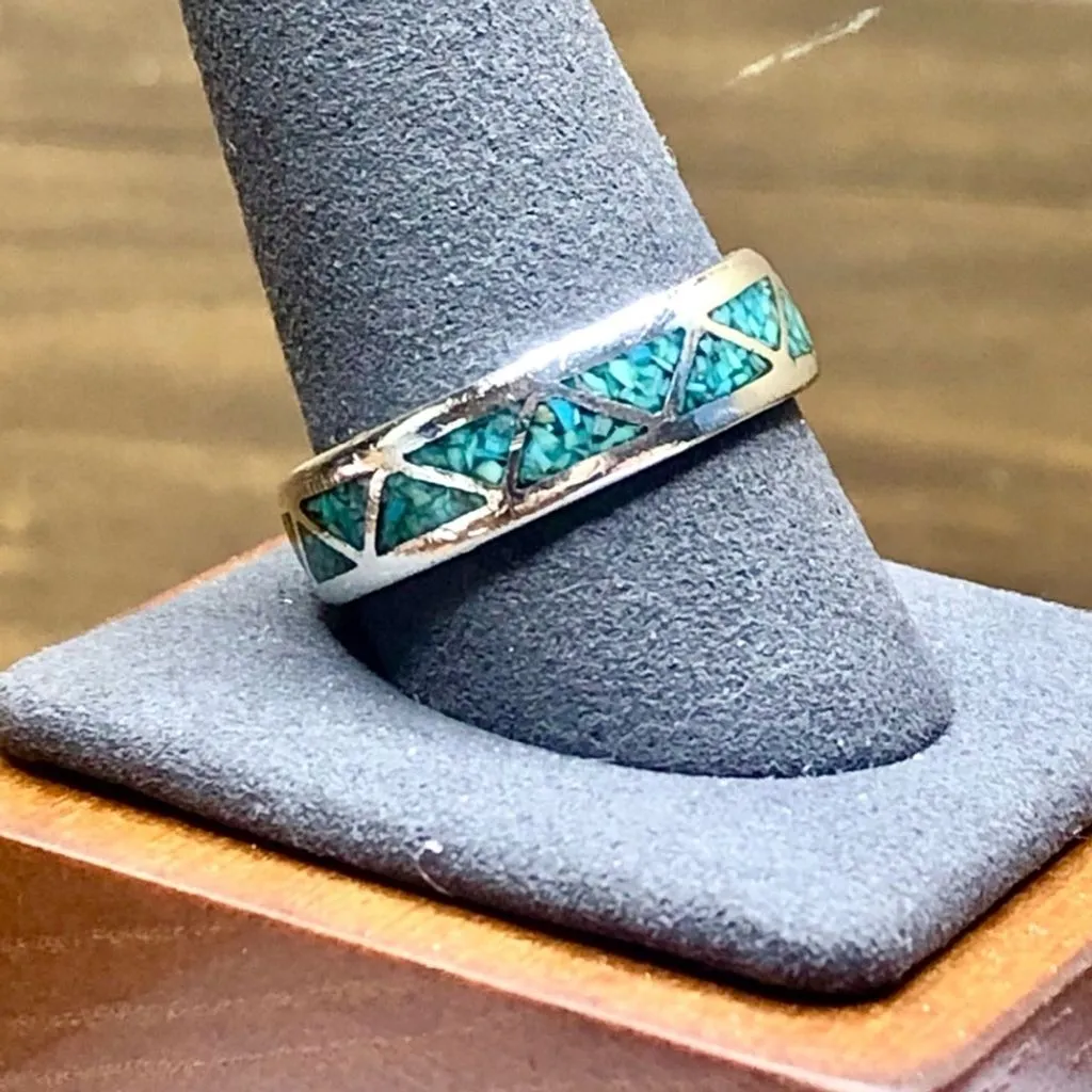 Product image for Sterling Silver Crushed Turquoise Mosaic Inlay Southwestern Ring Sz 11