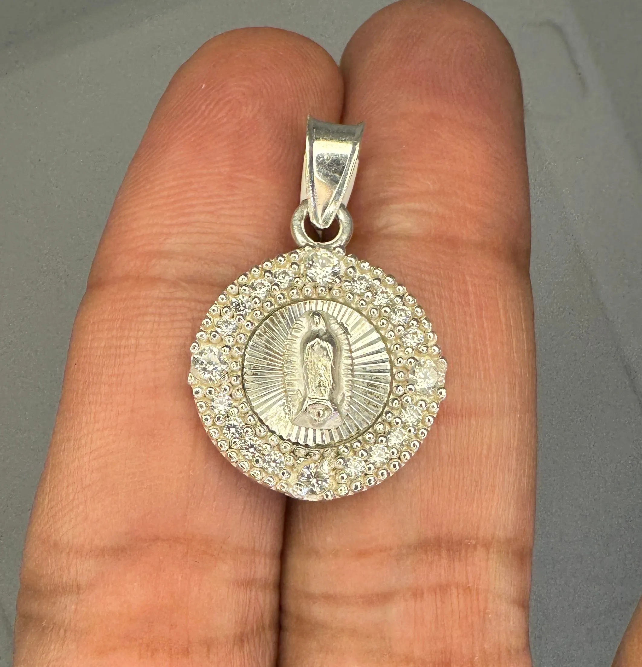 Product image for 925 Sterling Silver Mother Mary Cubic Zirconia Circle Charm Pendant
