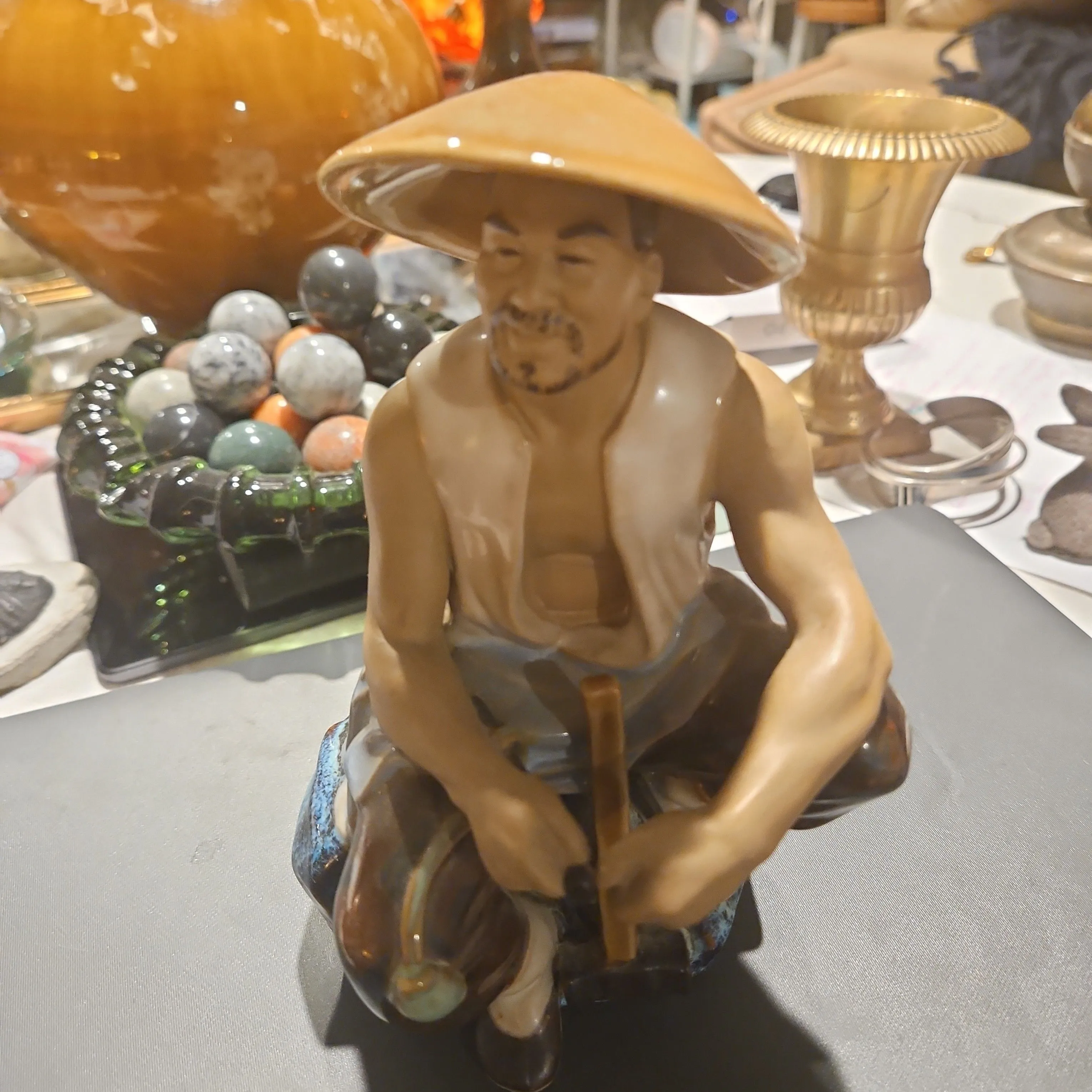 Product image for Vintage Chinese Shiwan 7.75” Ceramic Sitting Mudman with Hammer Statue Figurine