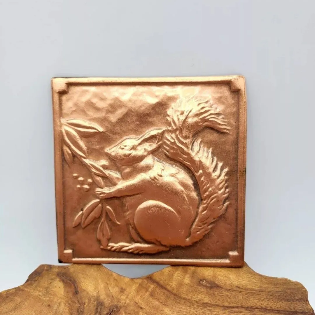 Product image for #864 Vintage Embossed Copper Art Plaque Squirrel Repousse by Albert Gilles Signed