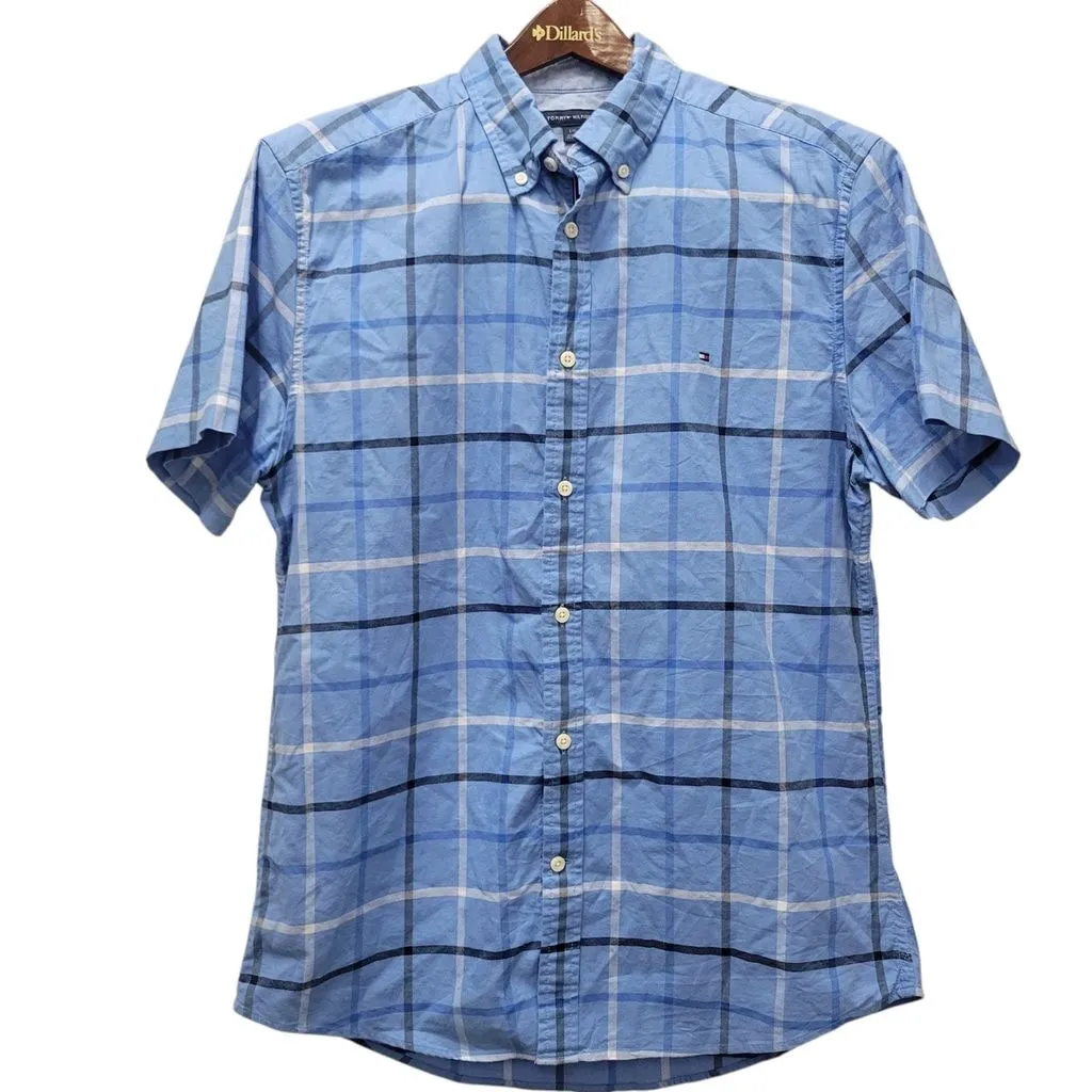 Product image for Tommy Hilfiger Men's Stretch Slim Fit Blue Plaid Button-Up Shirt Excellent Cond.