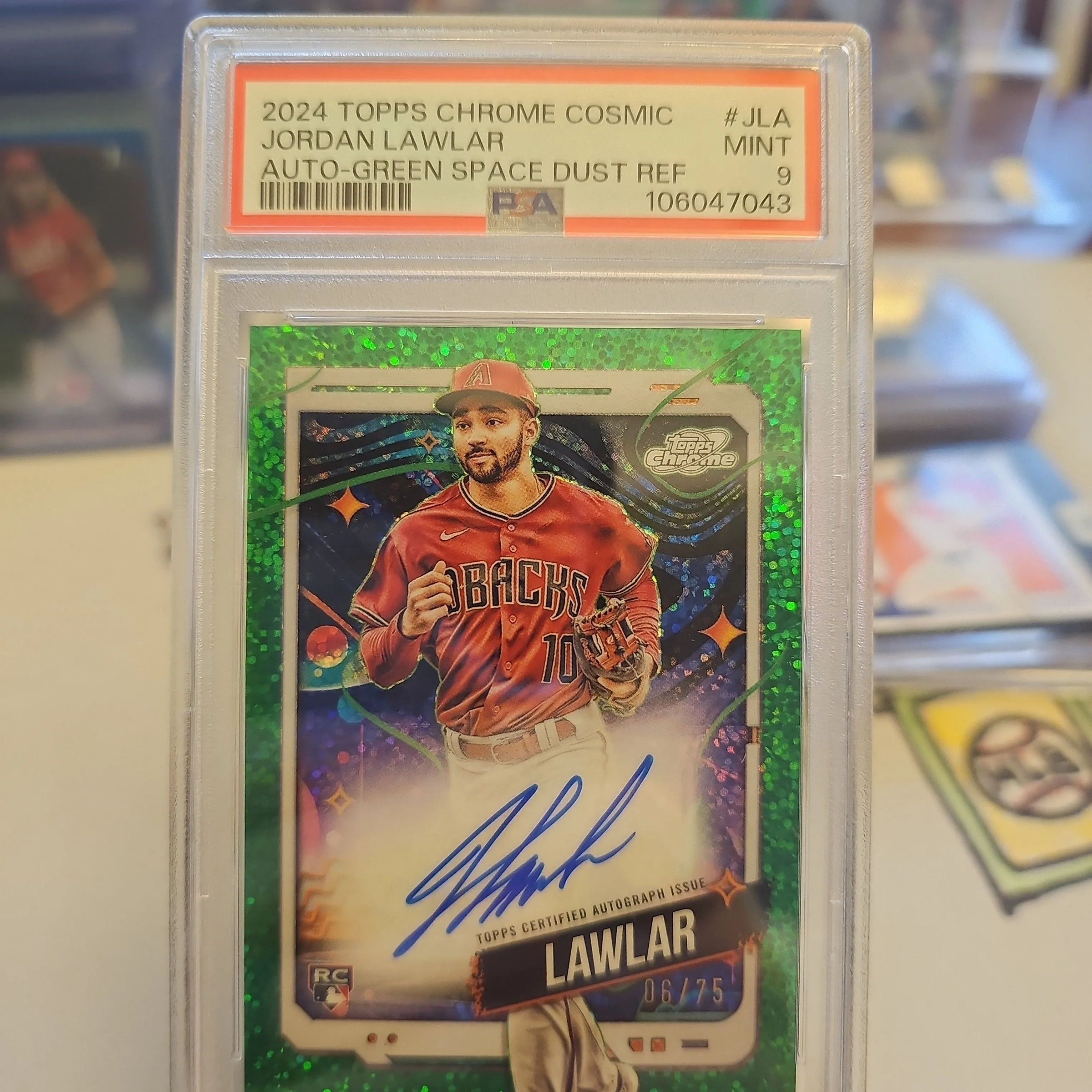 Product image for Jordan Lawlar - PSA Mint 9 /75 Green Dust Refractor RC Auto 2024 Topps Chrome Cosmic - Diamondbacks