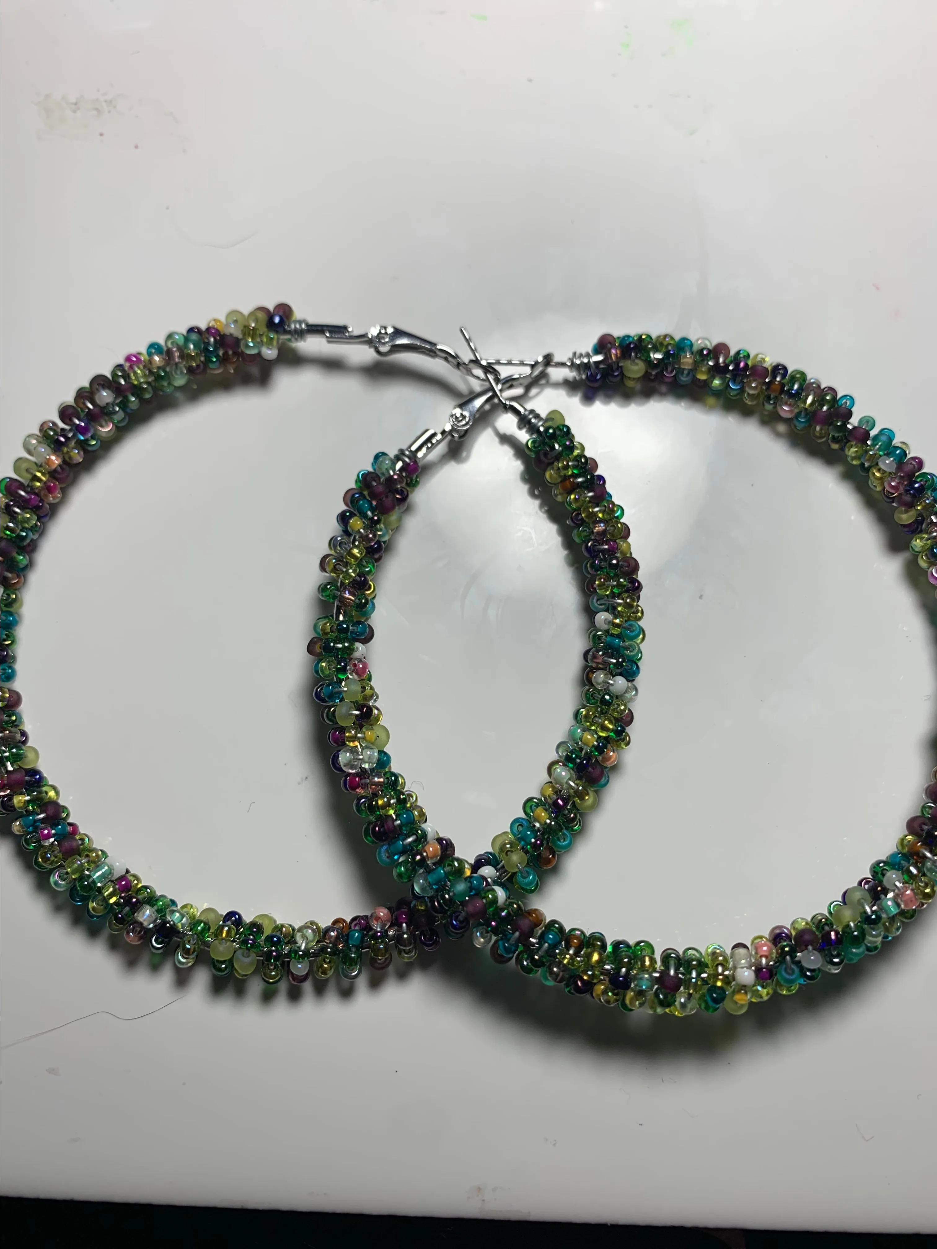 Product image for Peacock blues and greens, beaded hoops