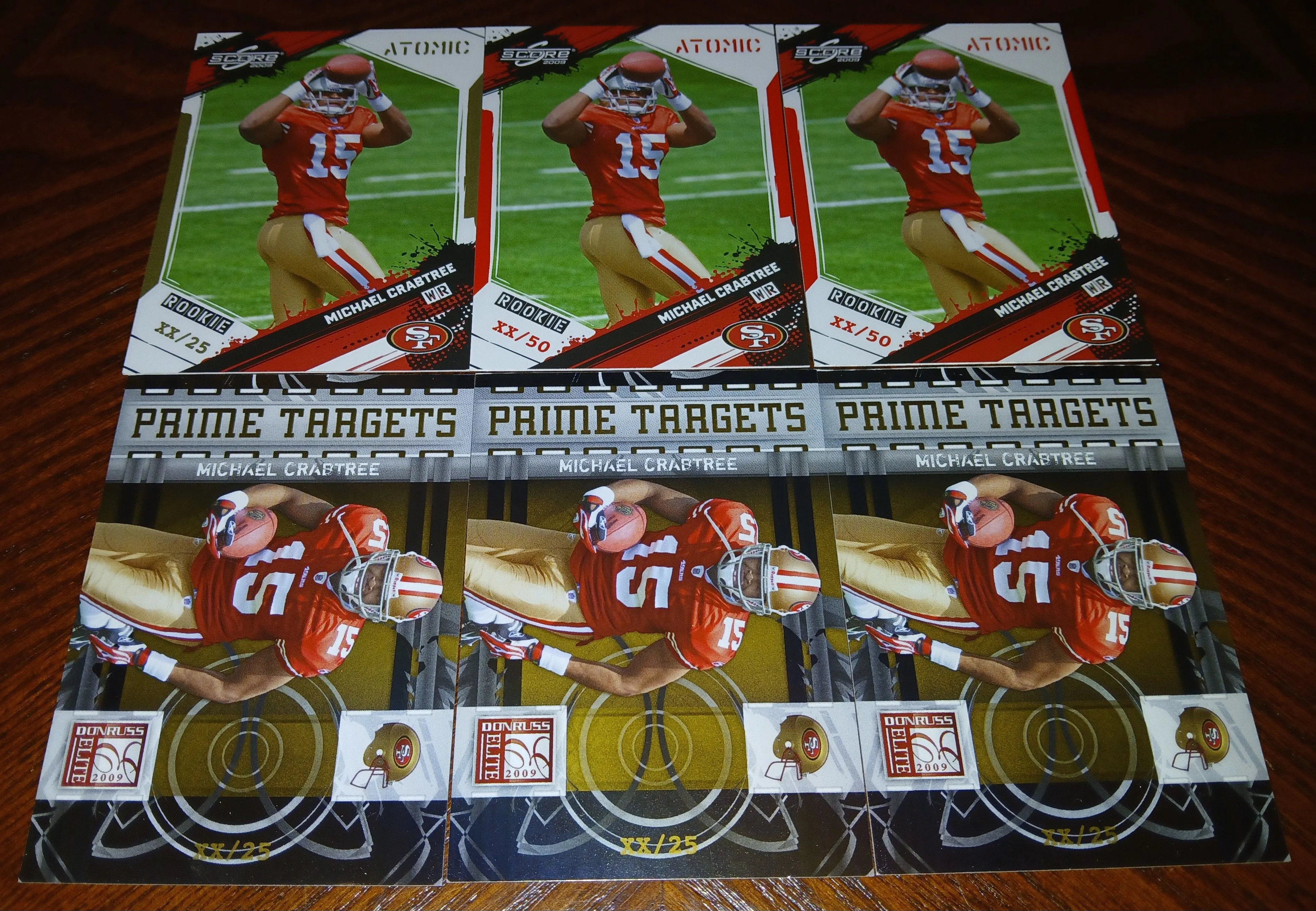 Product image for 2009 Donruss Elite/Score Atomic Football Michael Crabtree 6 Card Rookie Lot 