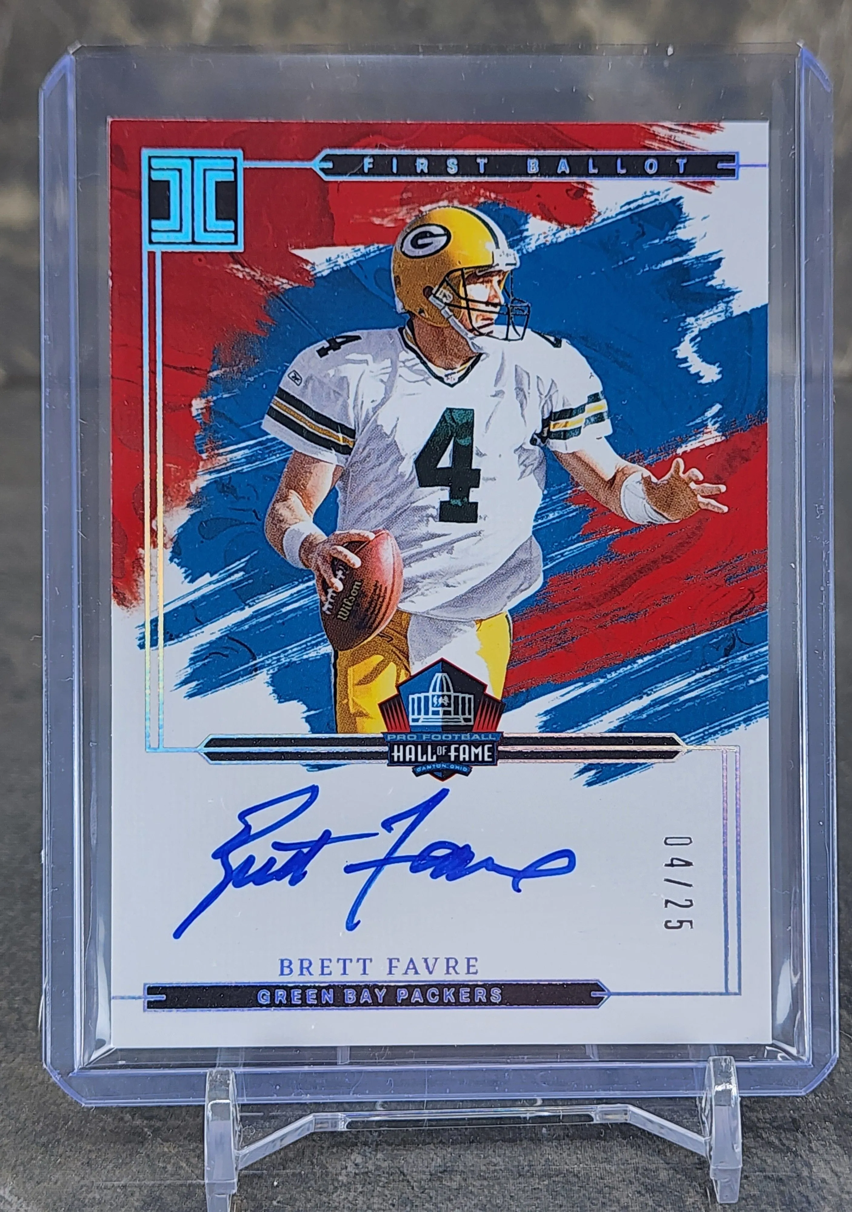 Product image for 2024 Panini Impeccable First Ballot Hall of Fame Brett Farve Auto 4/25 Jersey #