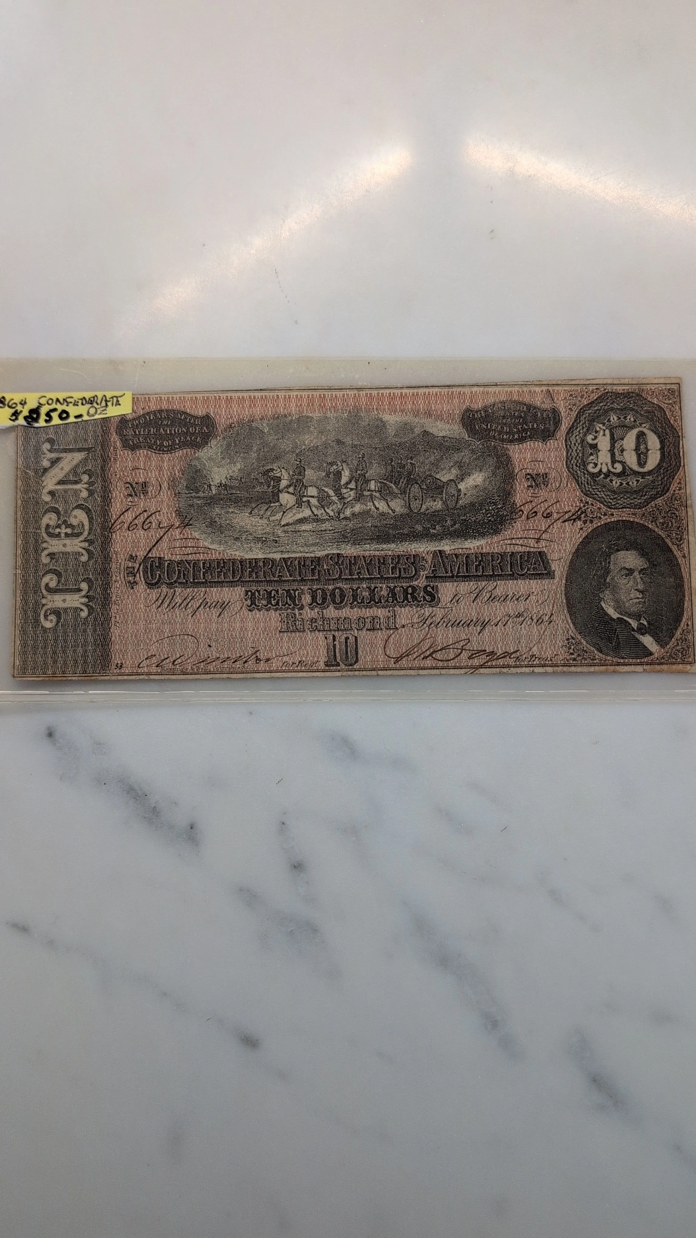 Product image for 1864 $10 Ten Dollars Confederate States Of America Note Richmond - Nice Red and Blue Color Remain