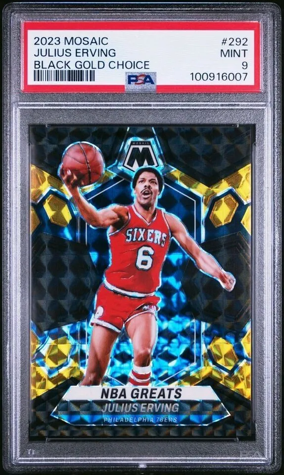 Product image for 2023 Mosaic Julius Erving Black Gold Number Match 6/8 - PSA 9 Pop 1 