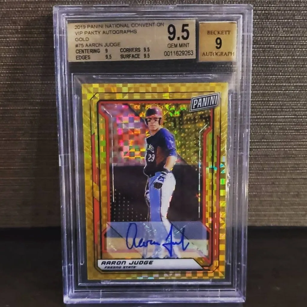 Product image for Aaron Judge Panini Gold Party auto /5 bgs 9.5 RARE