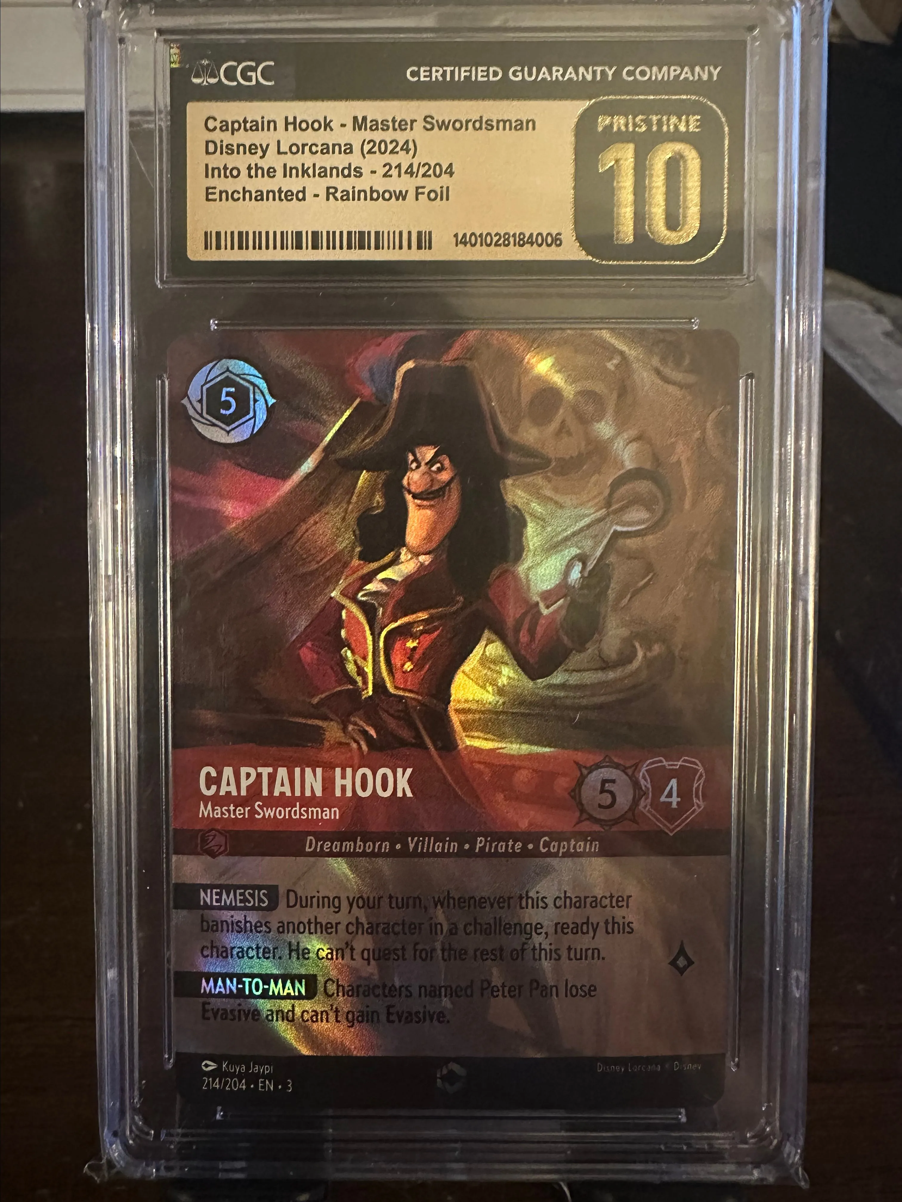 Product image for Lorcana: Captain Hook - Master Swordsman (Enchanted) - Into the Inklands #214 - CGC Pristine 10