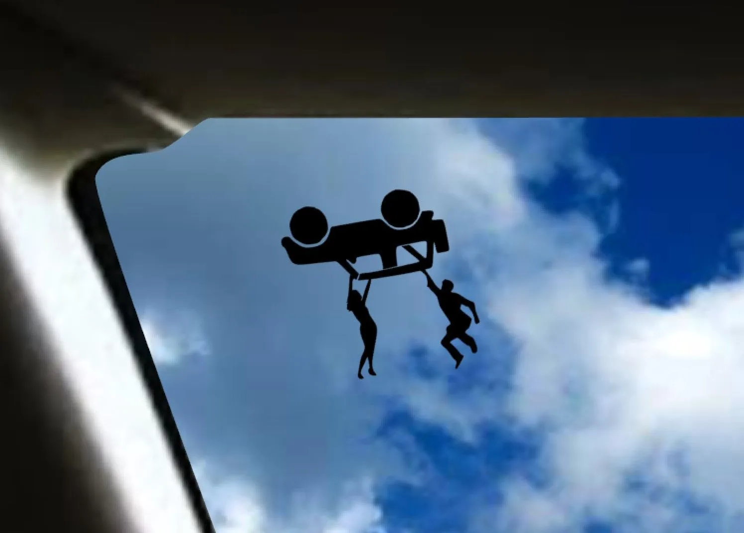 Product image for Man and Woman falling from 2 door SUV decal - windshield Easter egg for Jeep Wrangler