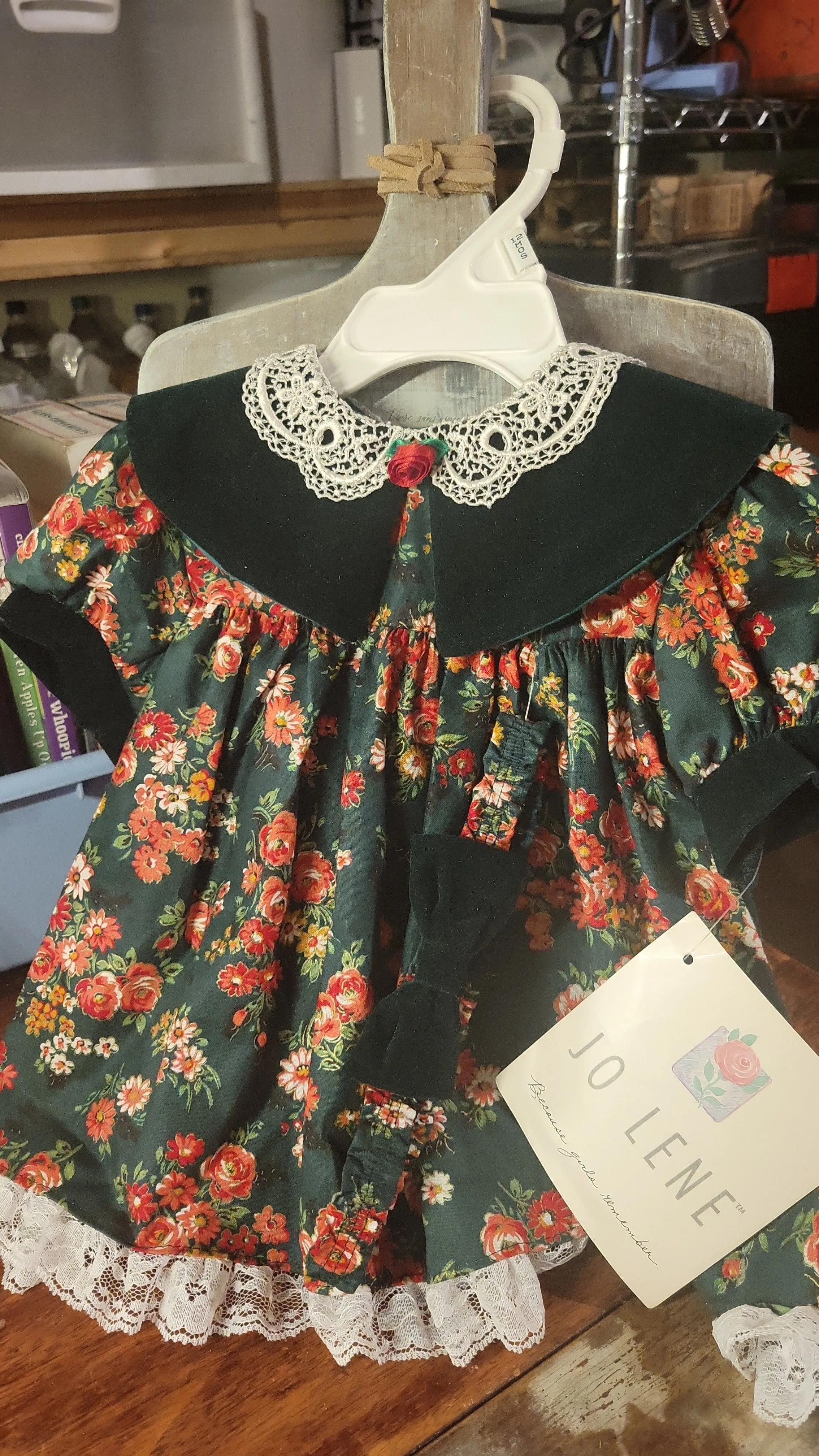 Product image for 47. Baby Dress and head band Green Velvet  and floral 