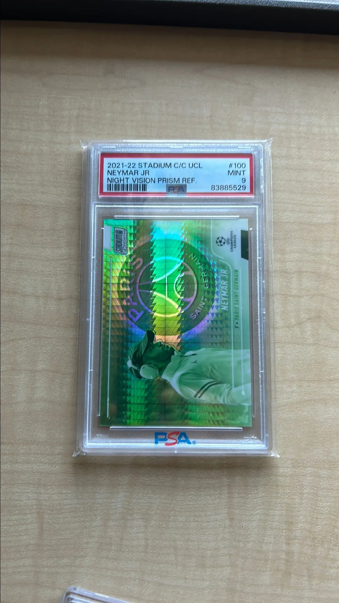 Product image for 2021-22 Topps Stadium Club Chrome Uefa Champions League Neymar Jr Night Vision Prism Ref. PSA MINT 9