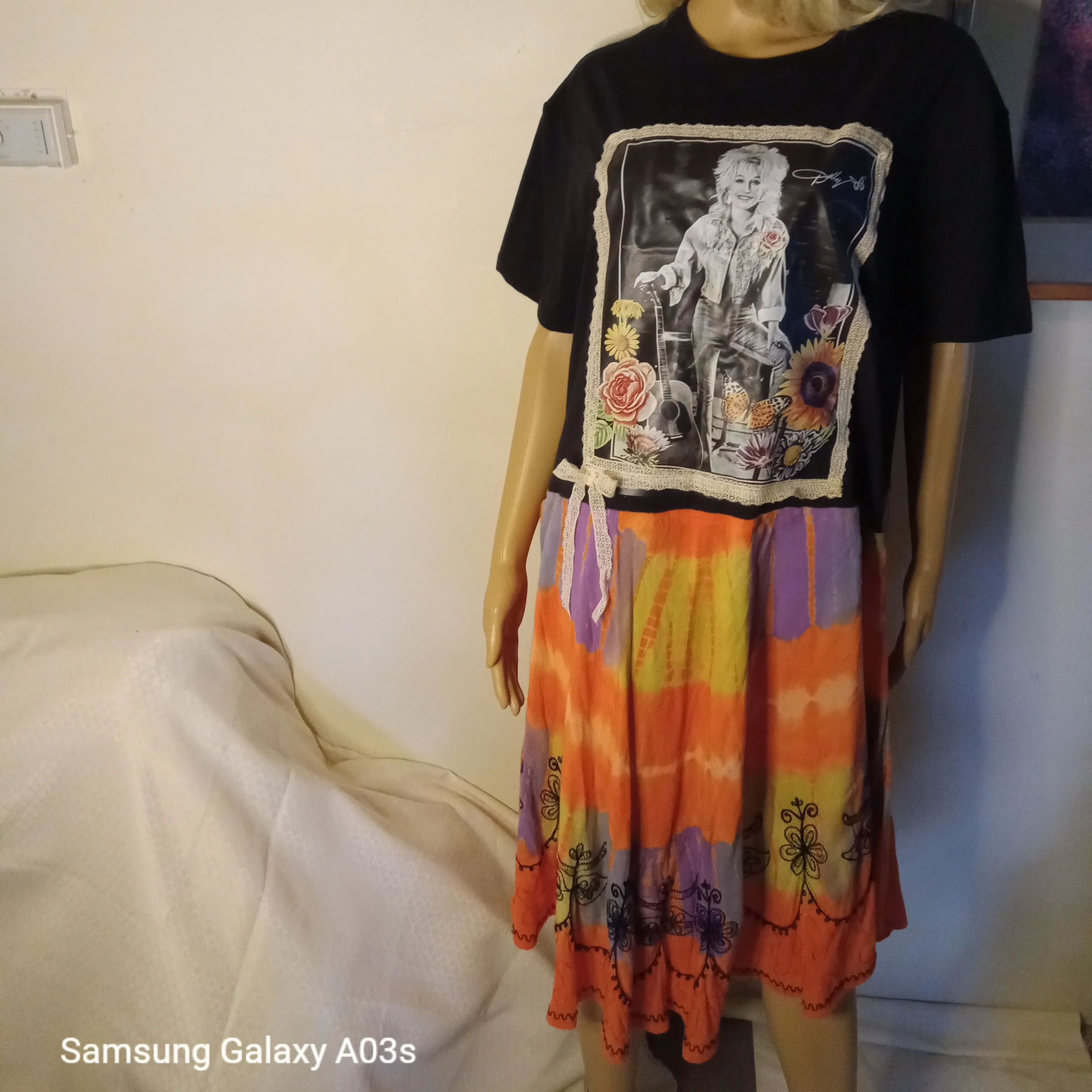 Product image for D11. Dress Dolly Sunflower Tie Dye Lace L-XL Midi Upcycled 