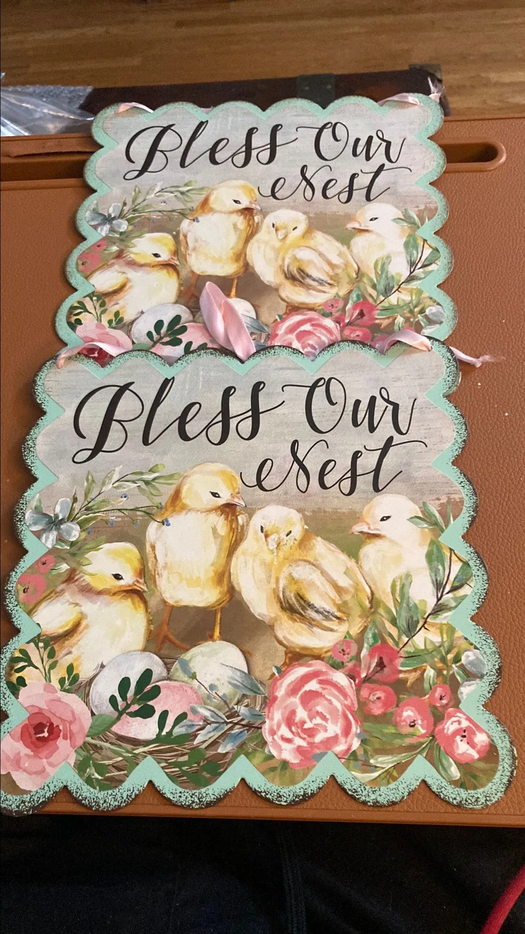 Product image for Easter sign aqua metal 8" x 8" with scalloped edges-chicks flowers/ Bless this Nest ribbon for hangi