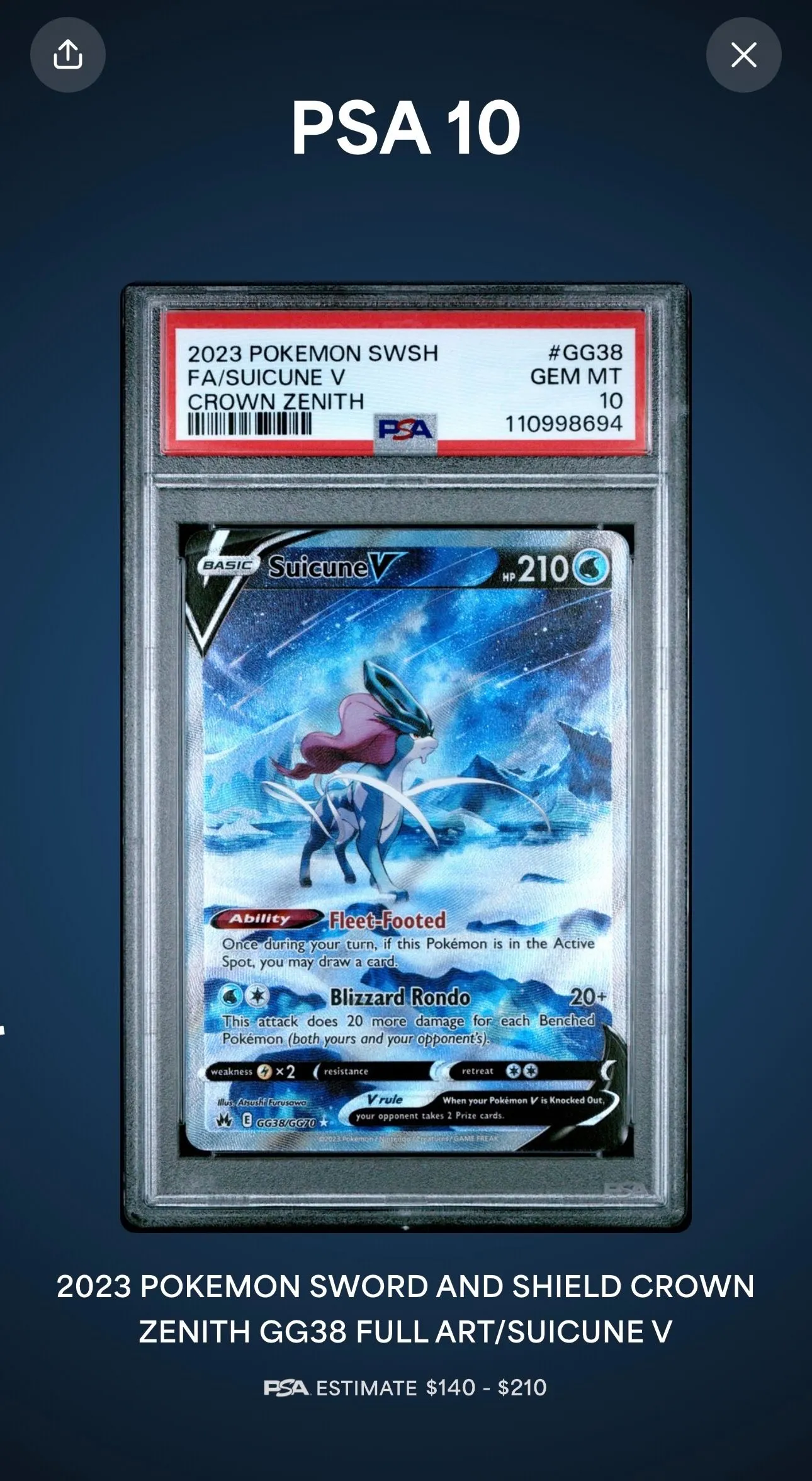 Product image for PSA 10 Suicune V GG38/GG70 - Crown Zenith Galarian Gallery