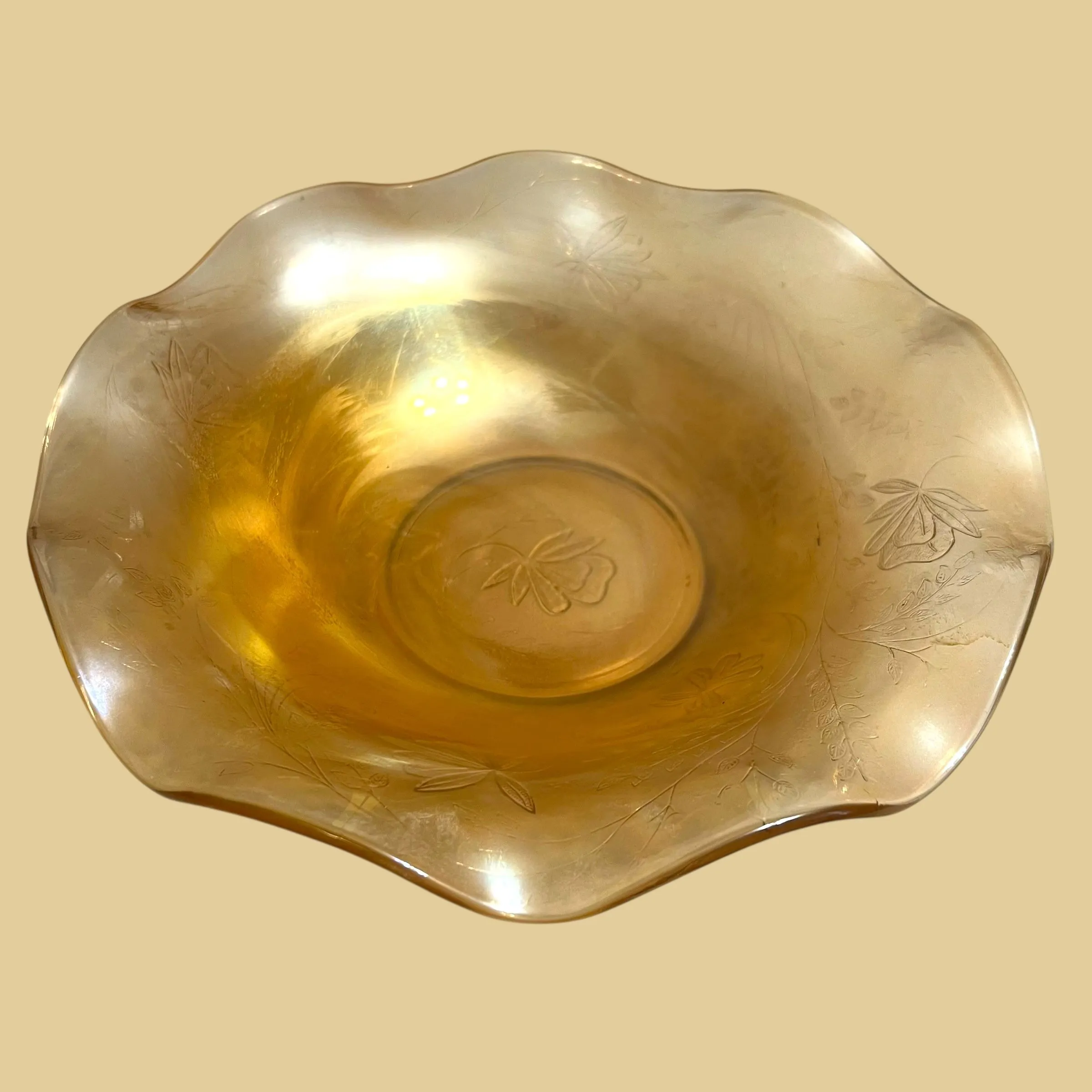 Product image for 229 Jeanette glass floor gold carnival etched 1950s 9.5" x 2.5" floral bowl